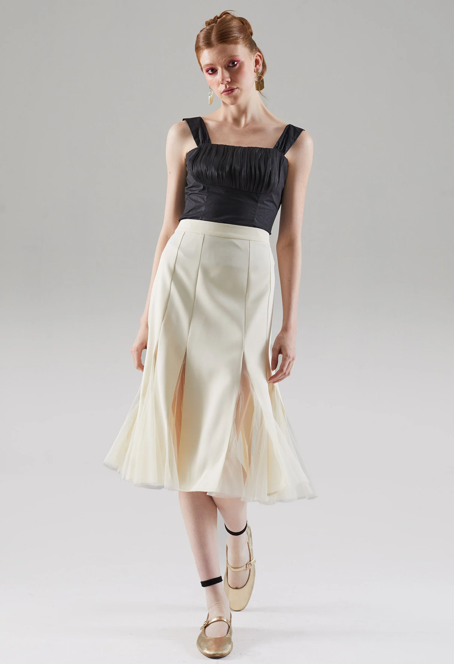 Semi-meshed Peekaboo Hem Midi Skirt