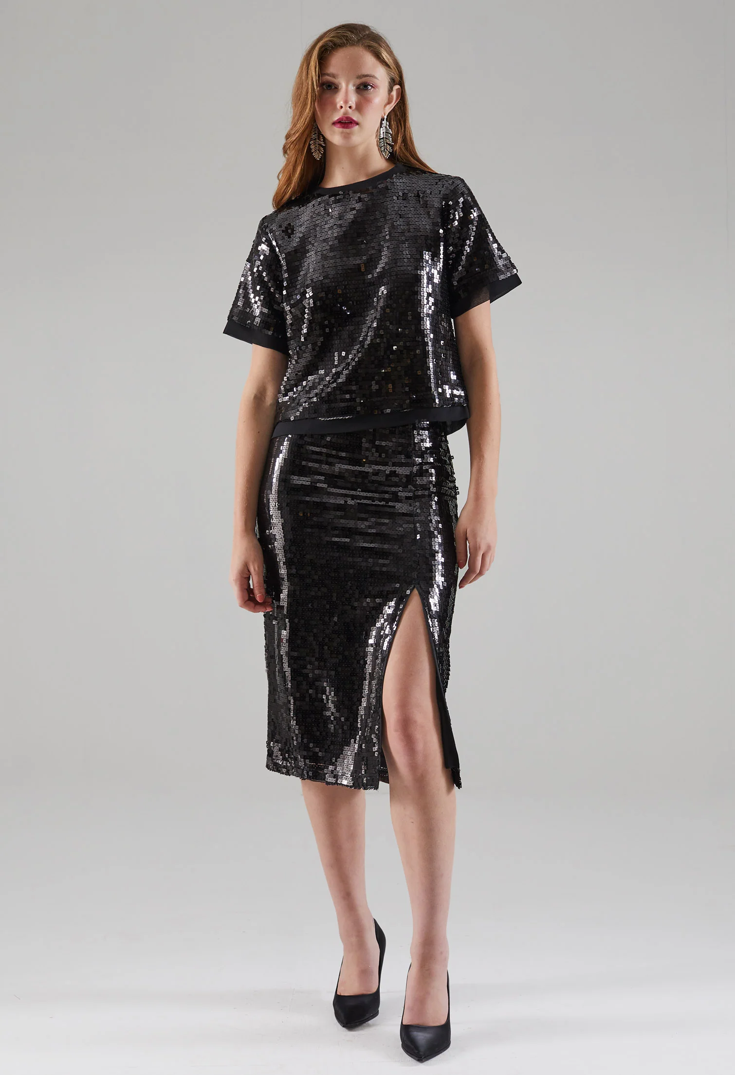 Agleam Shimmer Front Slit Skirt