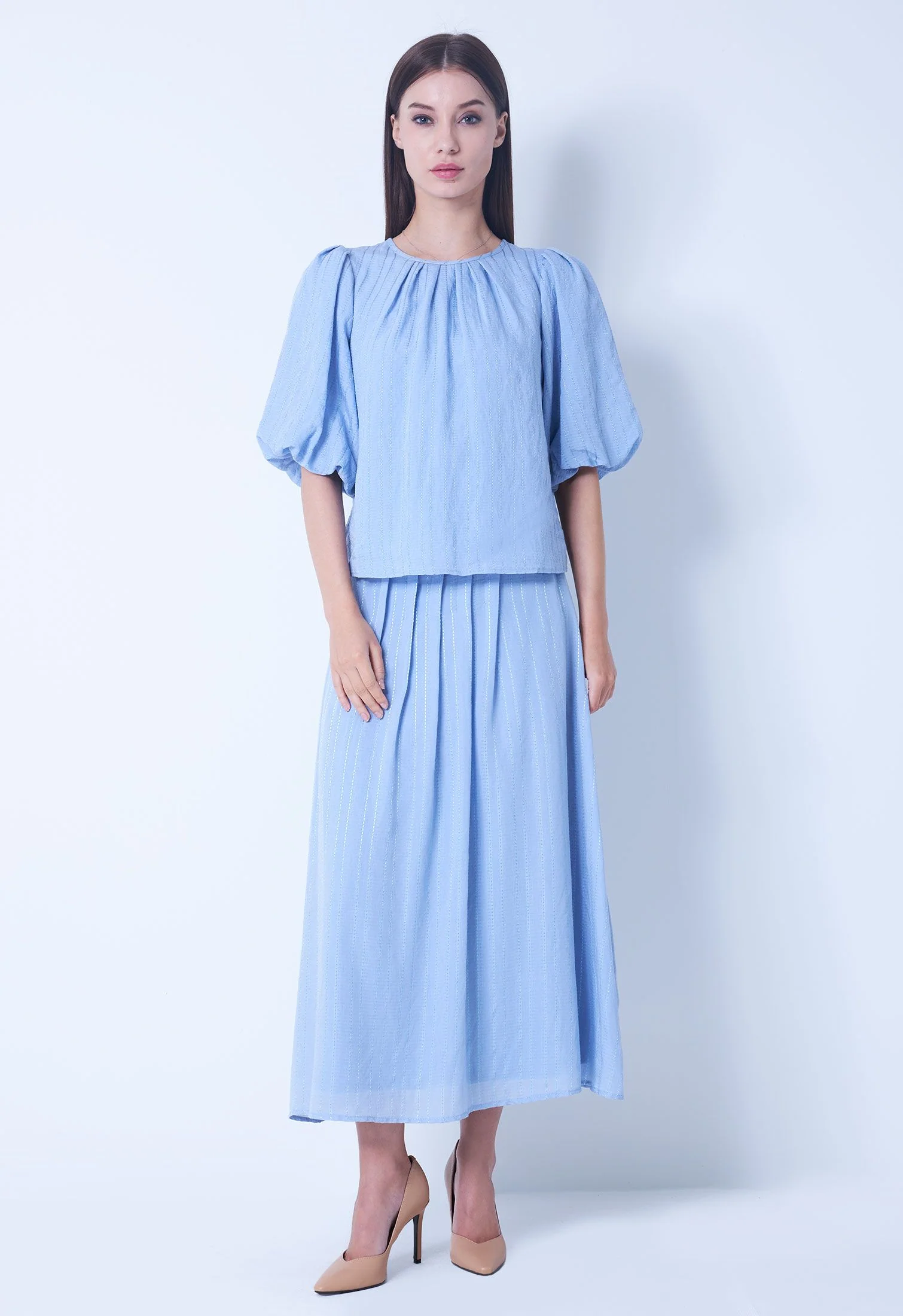 Thread Stripe Balloon Sleeve Top