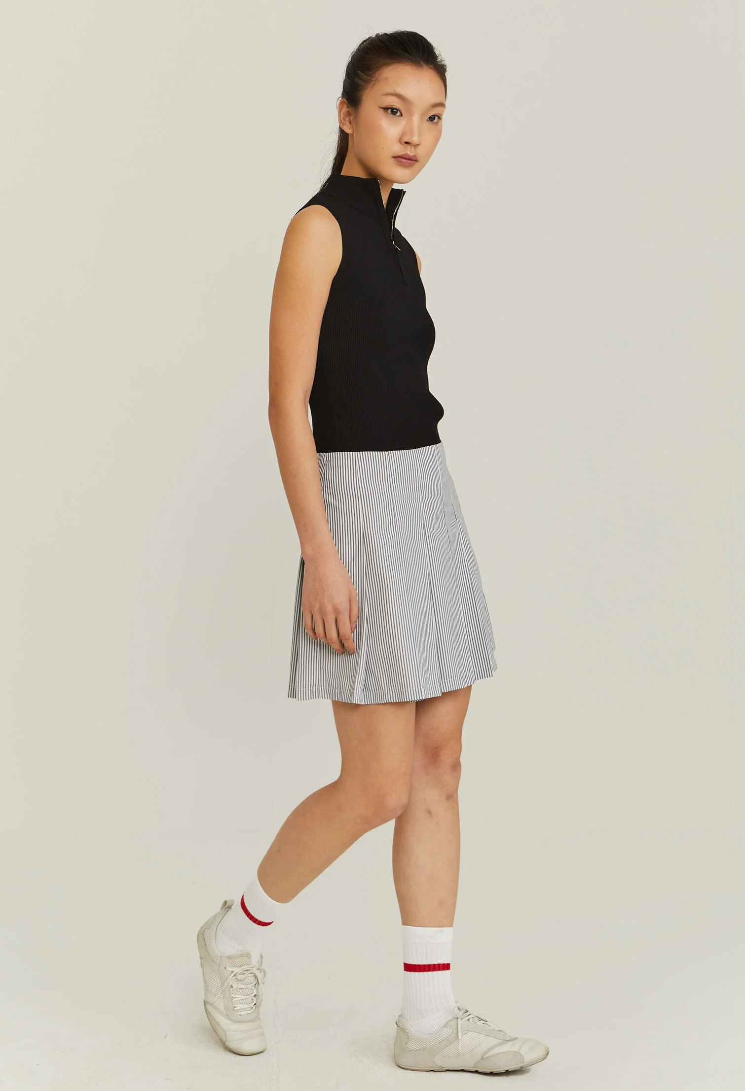 Pleated Pinstripe Panneled Skirt