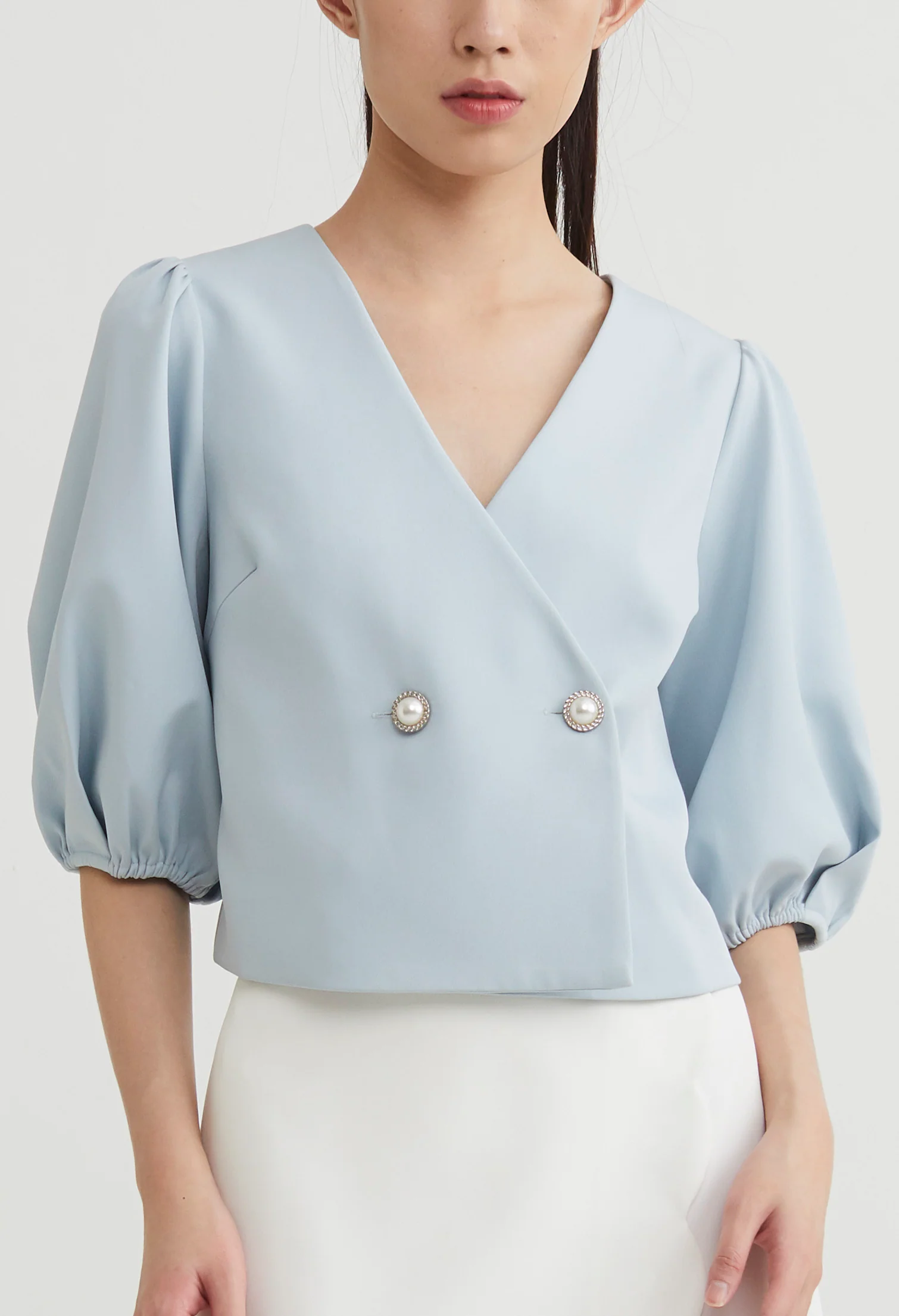 Double Breasted Balloon Sleeve Blouse