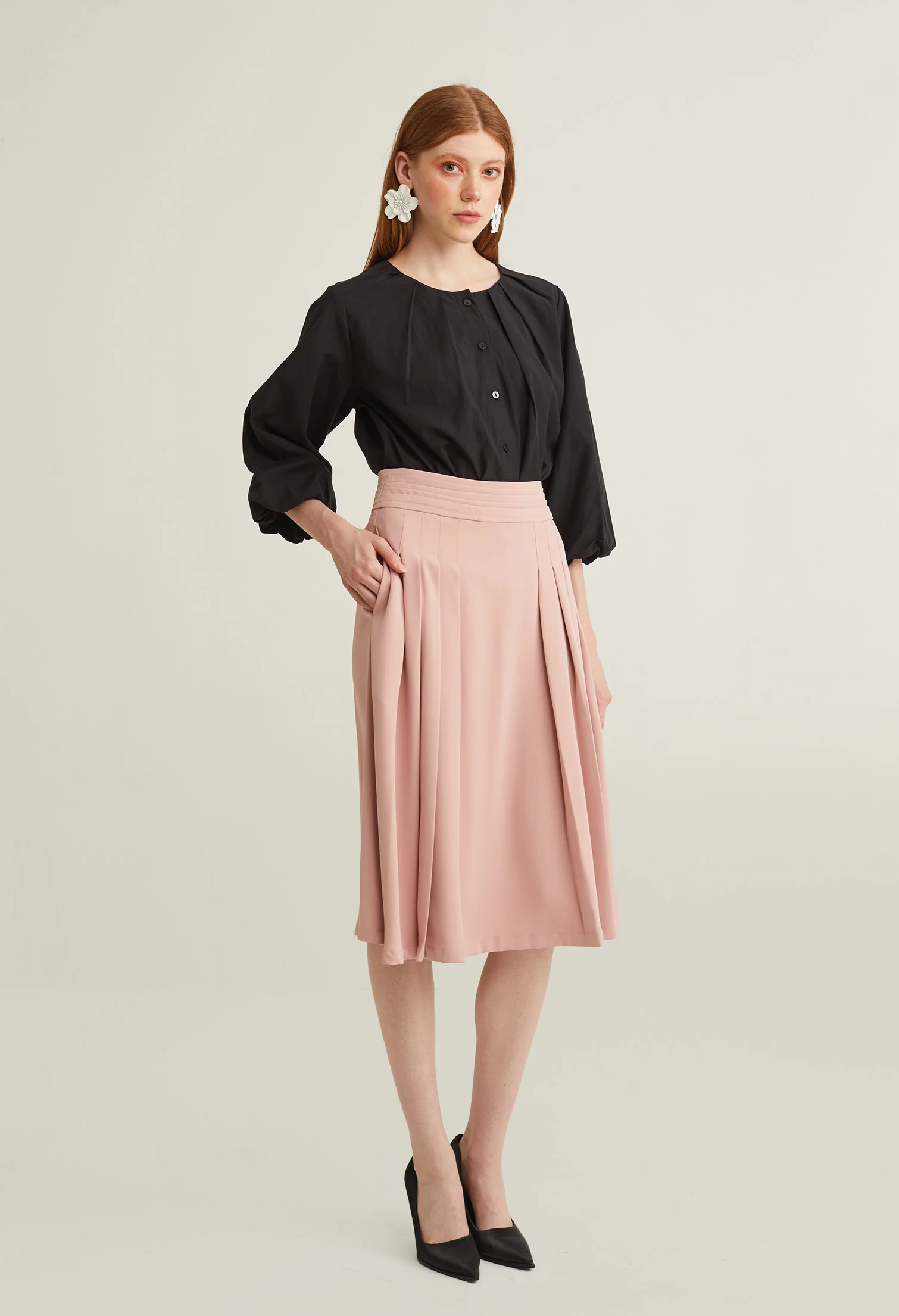 Classic Pleated A-Line Midi Skirt