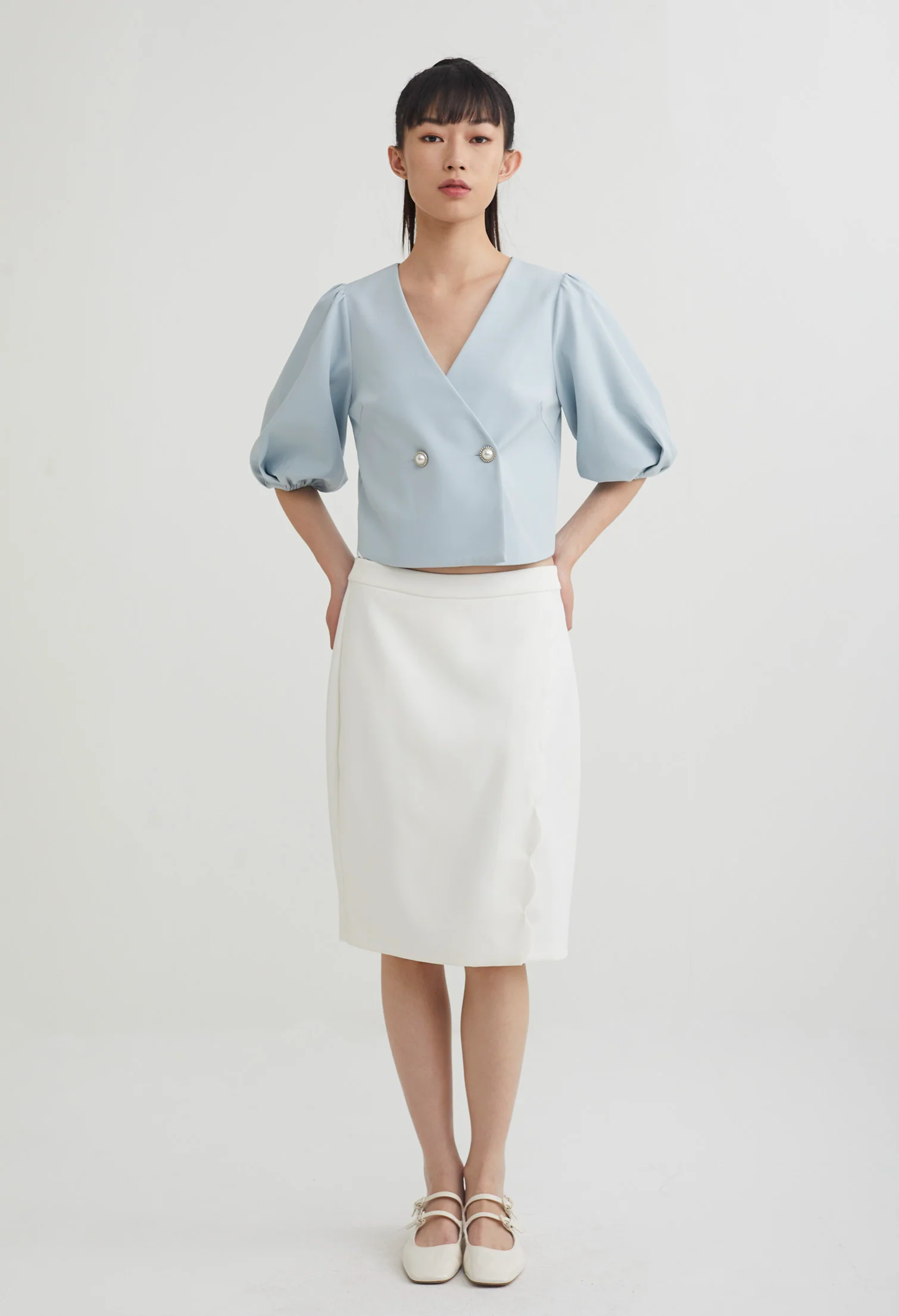 Double Breasted Balloon Sleeve Blouse