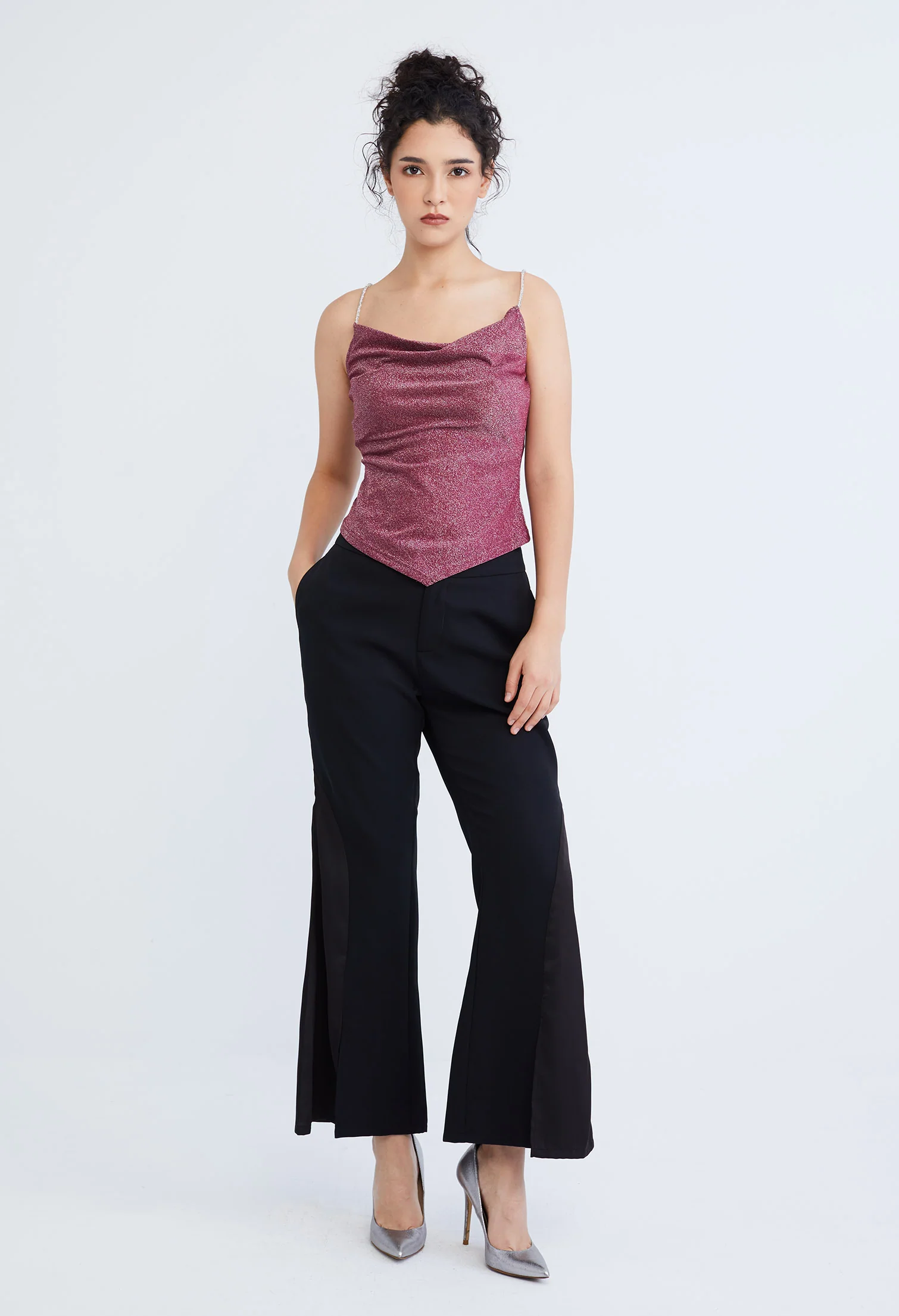 Starlight Glitter Silver Strap Cowl Top