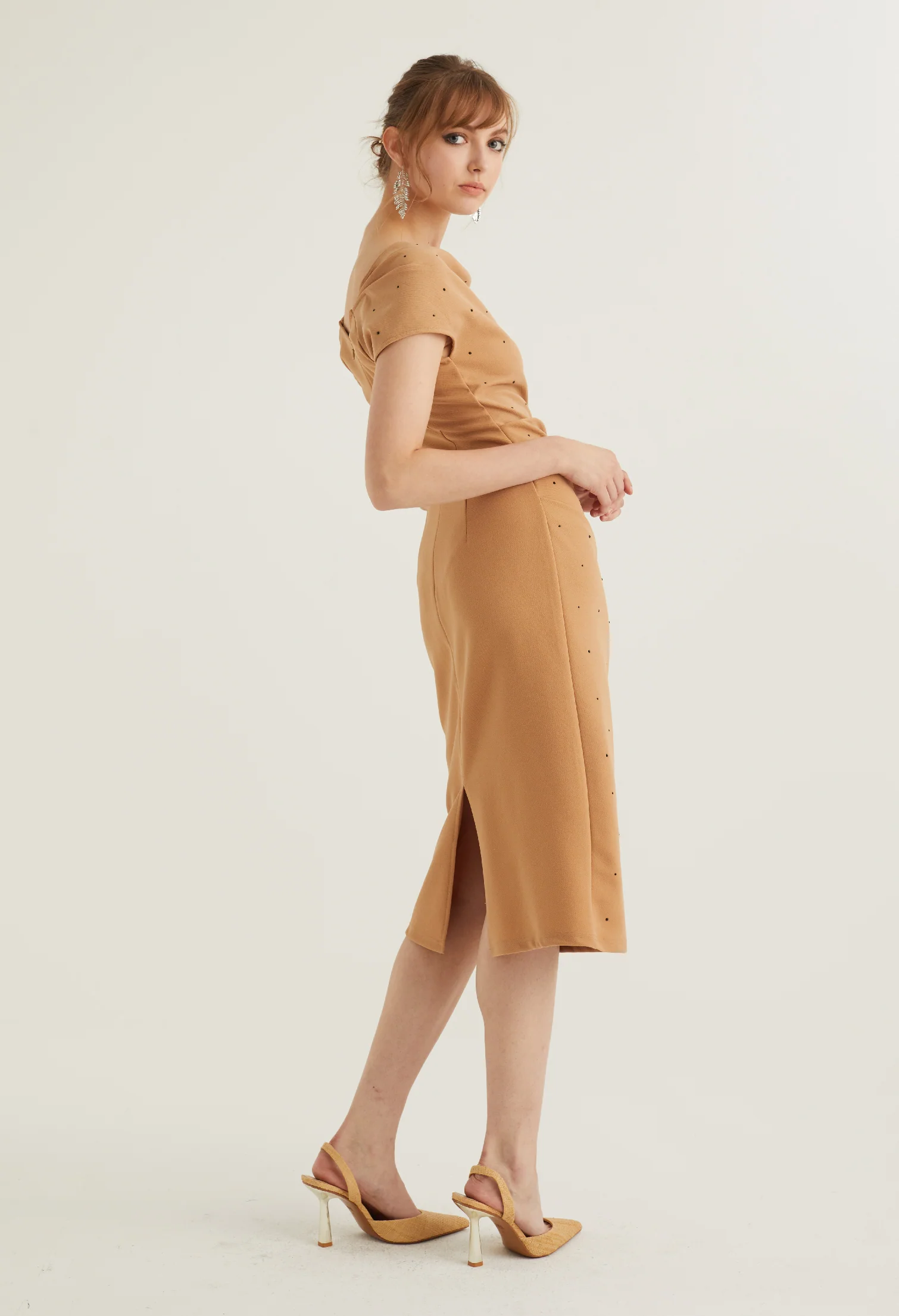 Cowl Neck Side Ruched Midi Dress