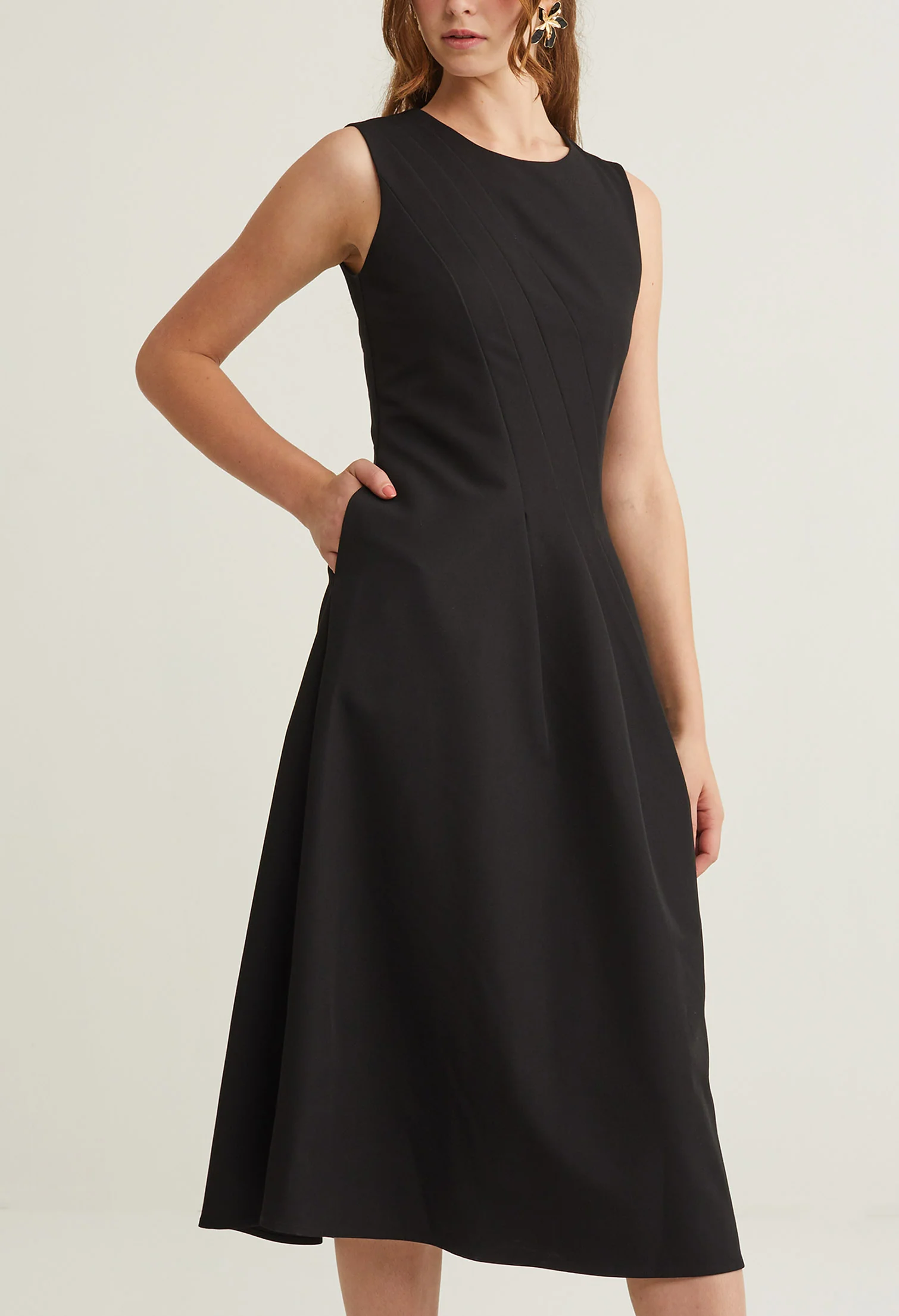 Pleated Cinched Waist Sleeveless Midi Dress