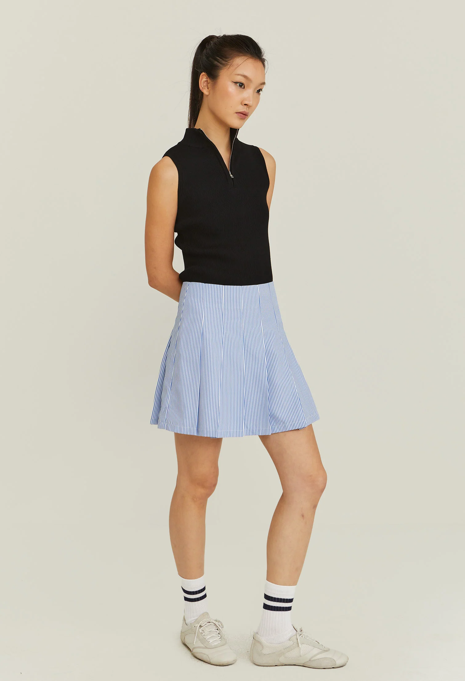 Pleated Pinstripe Panneled Skirt