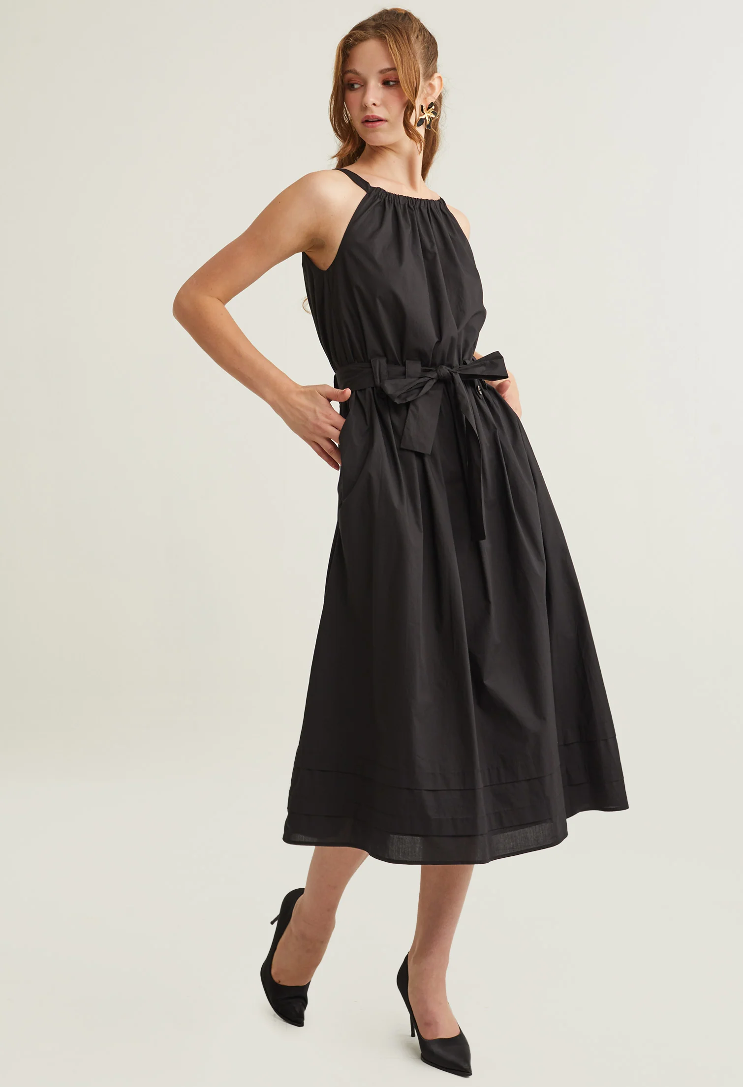 Halter Ruffled Accent Midi Dress