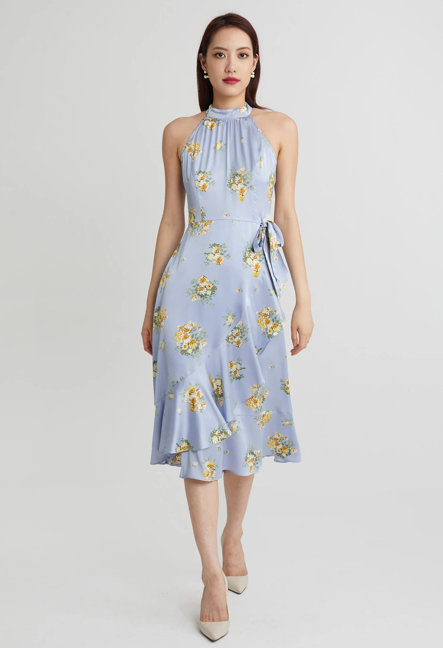 Fancy Cluster Floral Halter Ruffled Dress