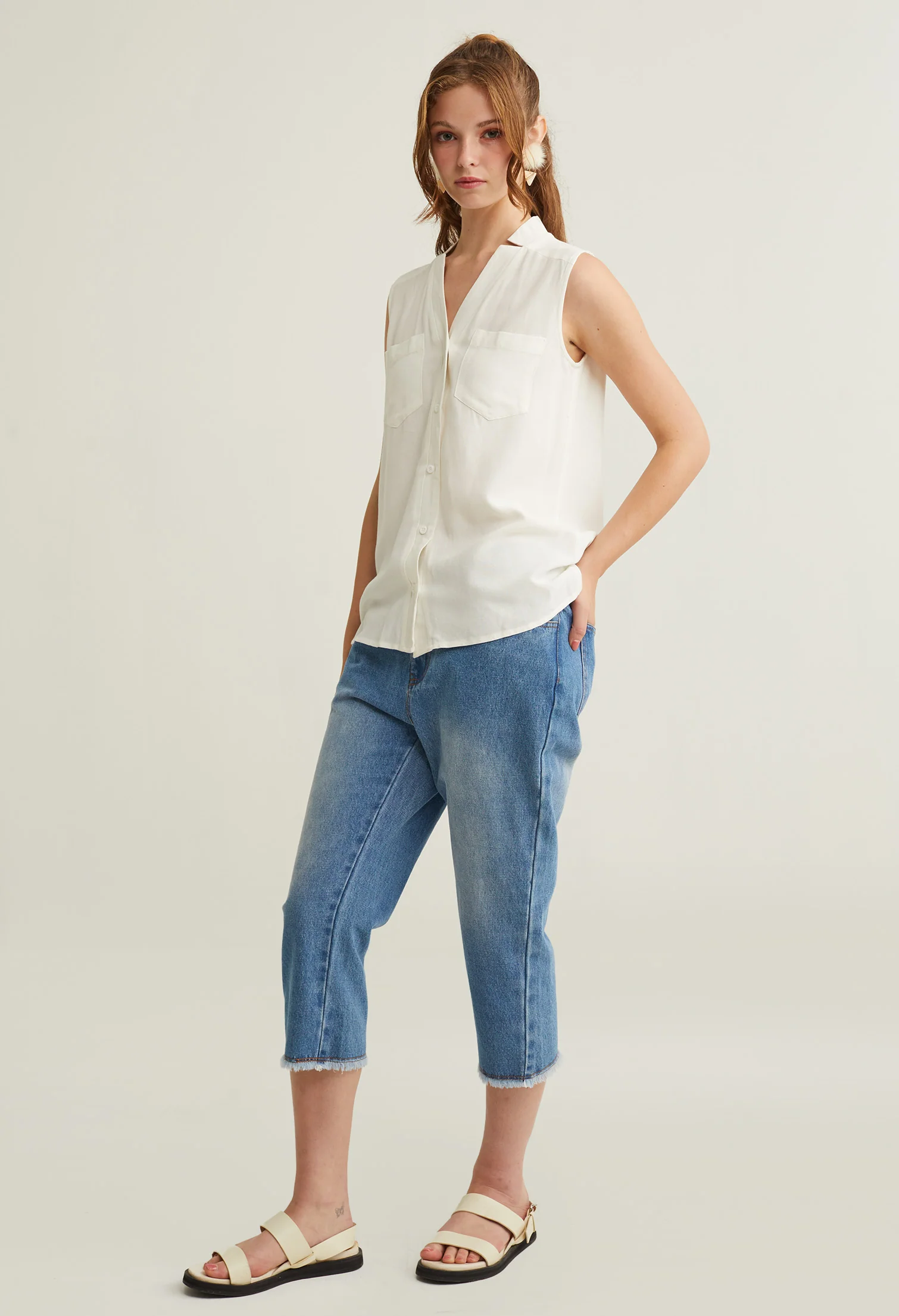 Button Up V-Neck Sleeveless Top