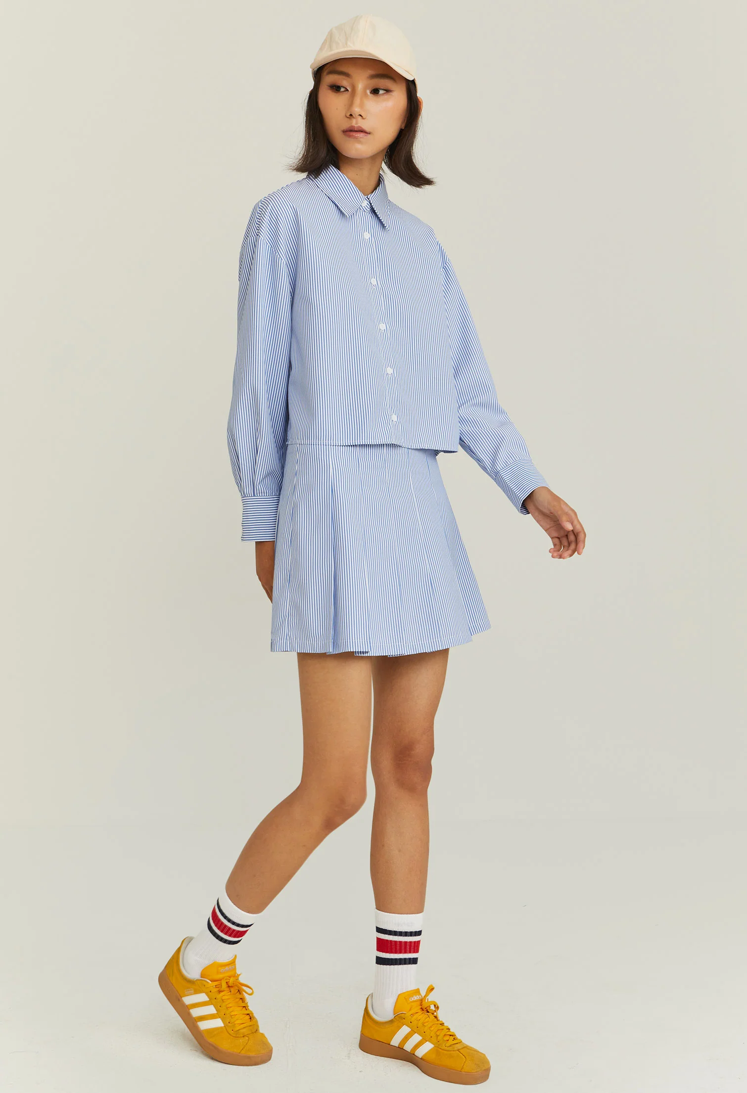 Pleated Pinstripe Panneled Skirt