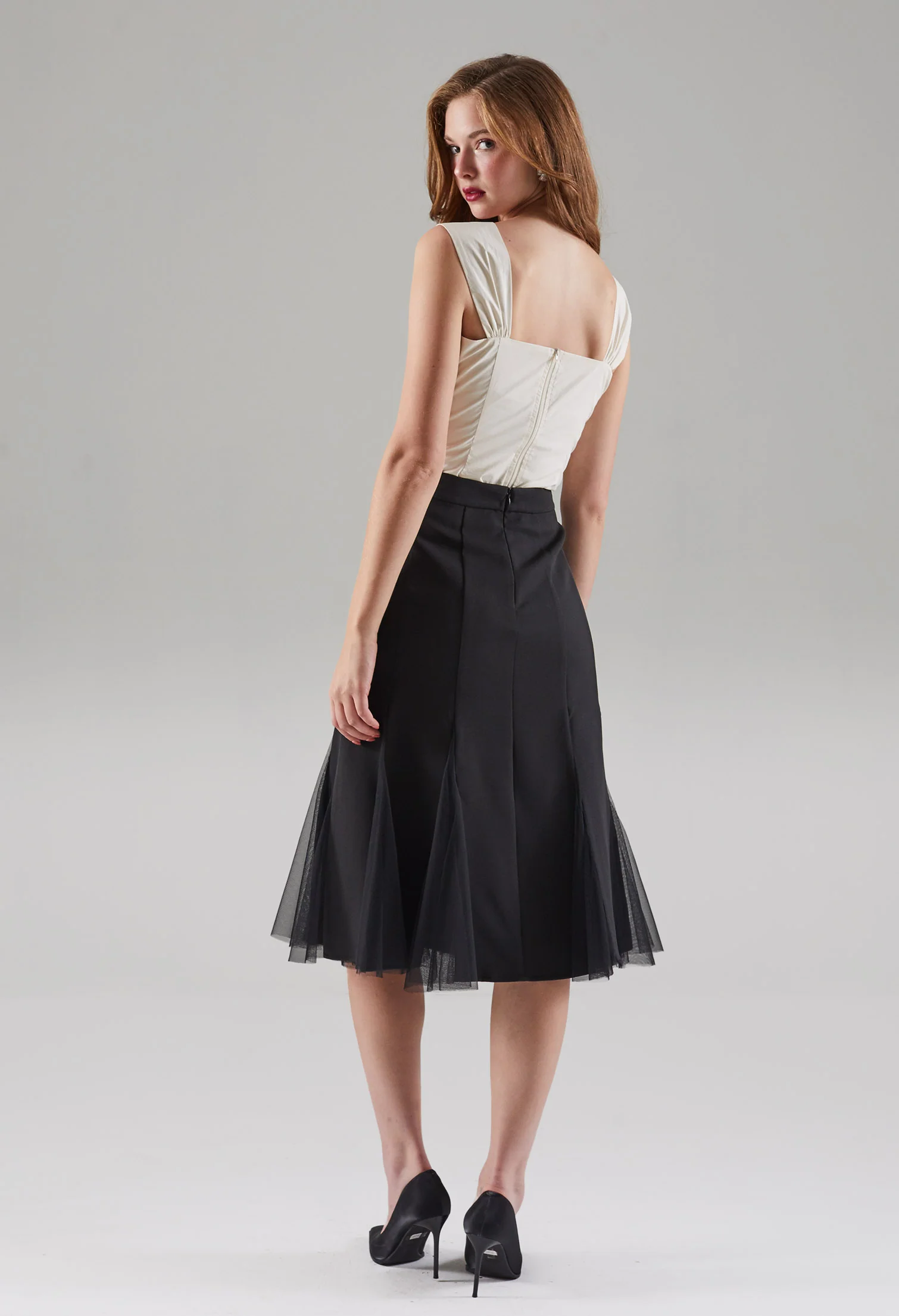 Semi-meshed Peekaboo Hem Midi Skirt