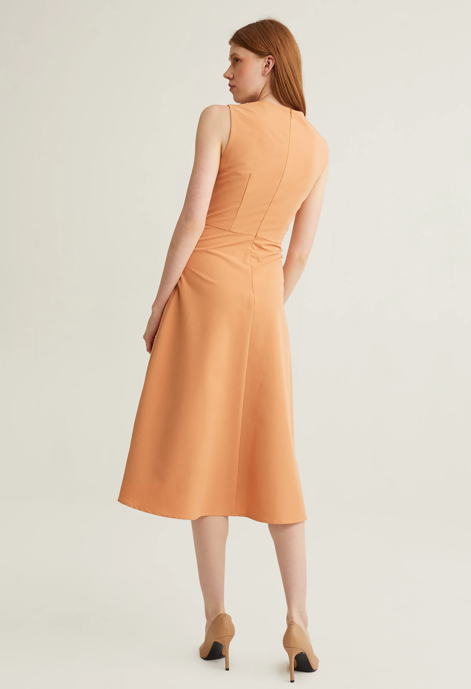 Pleated Cinched Waist Sleeveless Midi Dress