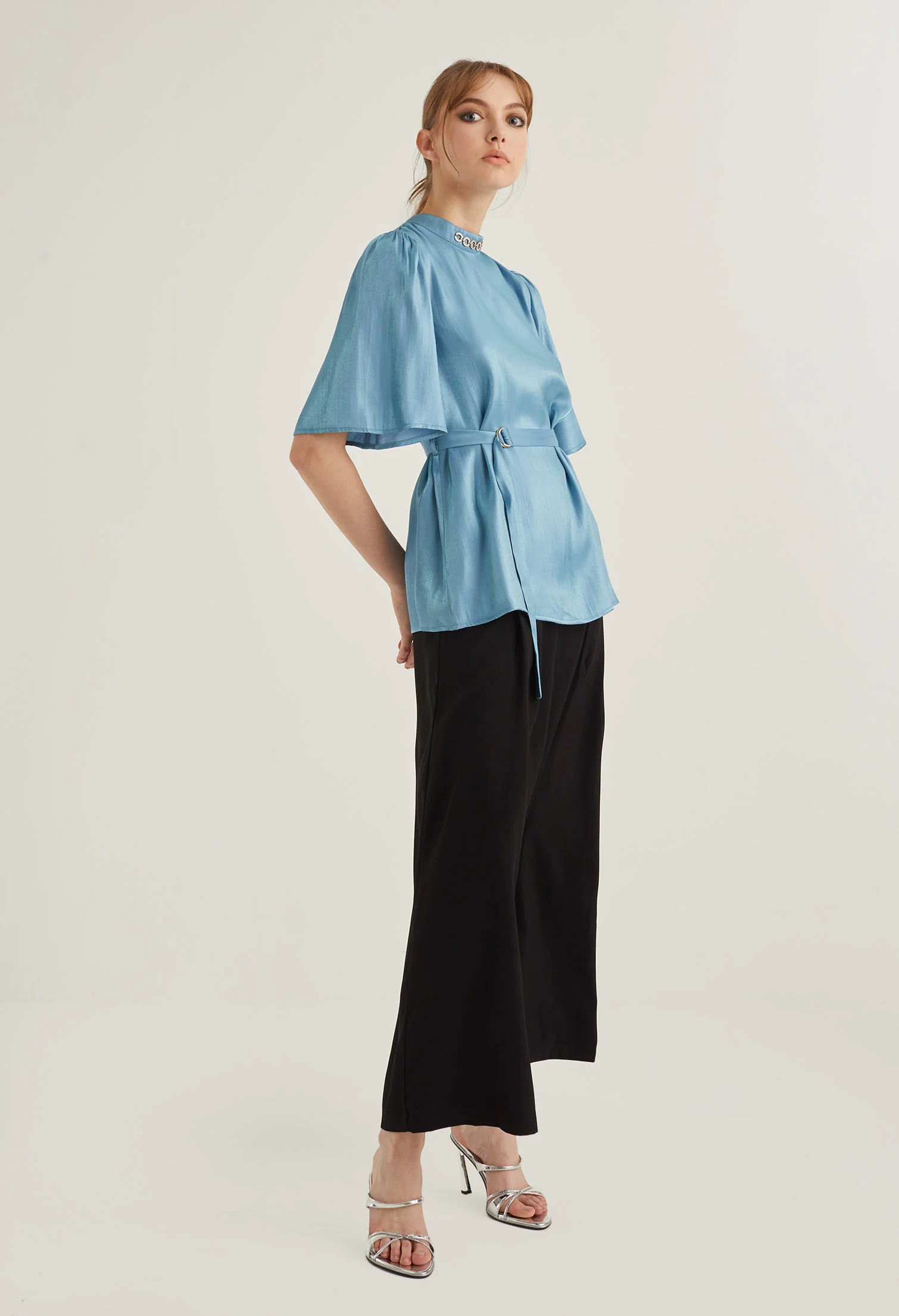 Mock Neck Belted Blouse