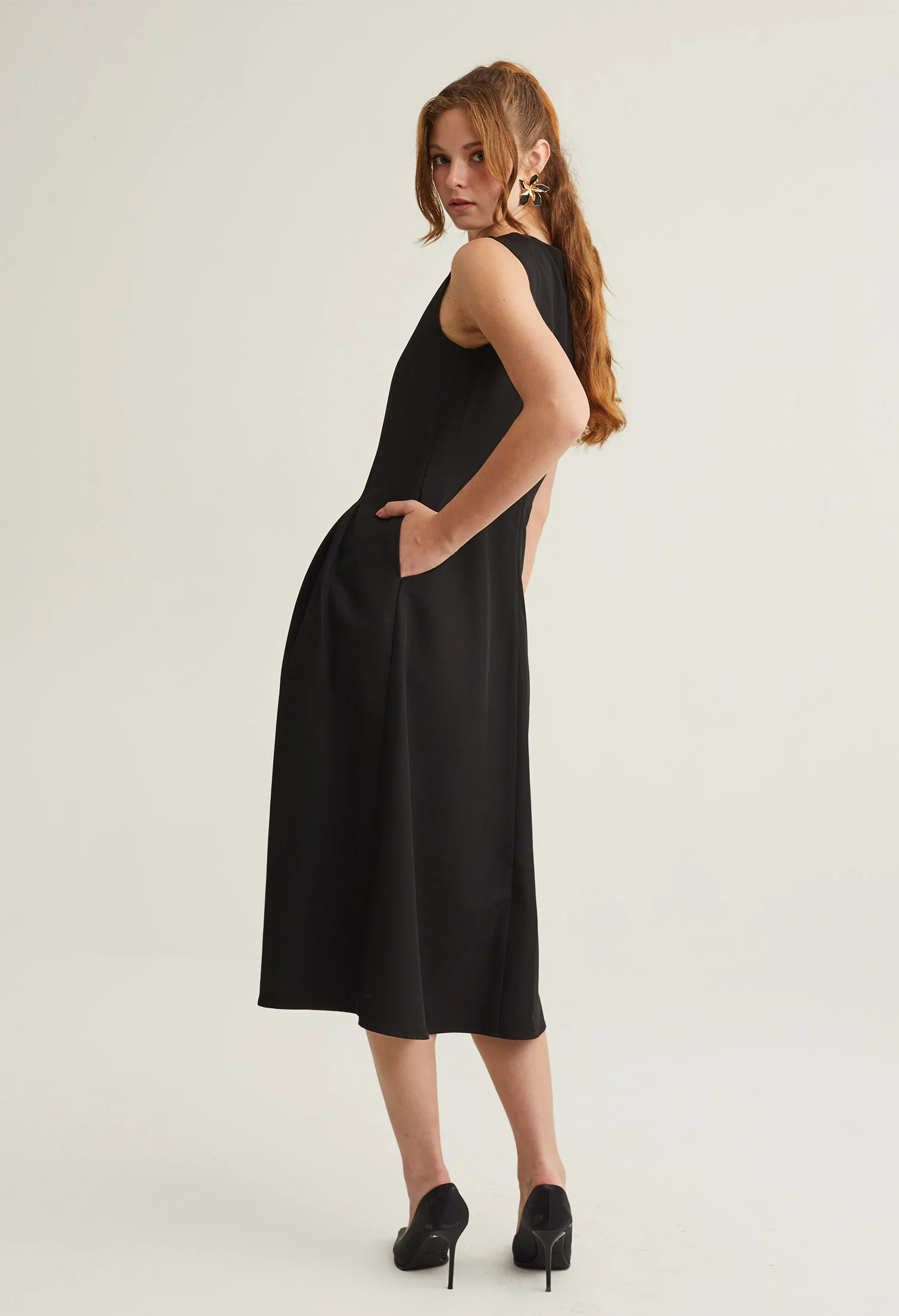 Pleated Cinched Waist Sleeveless Midi Dress