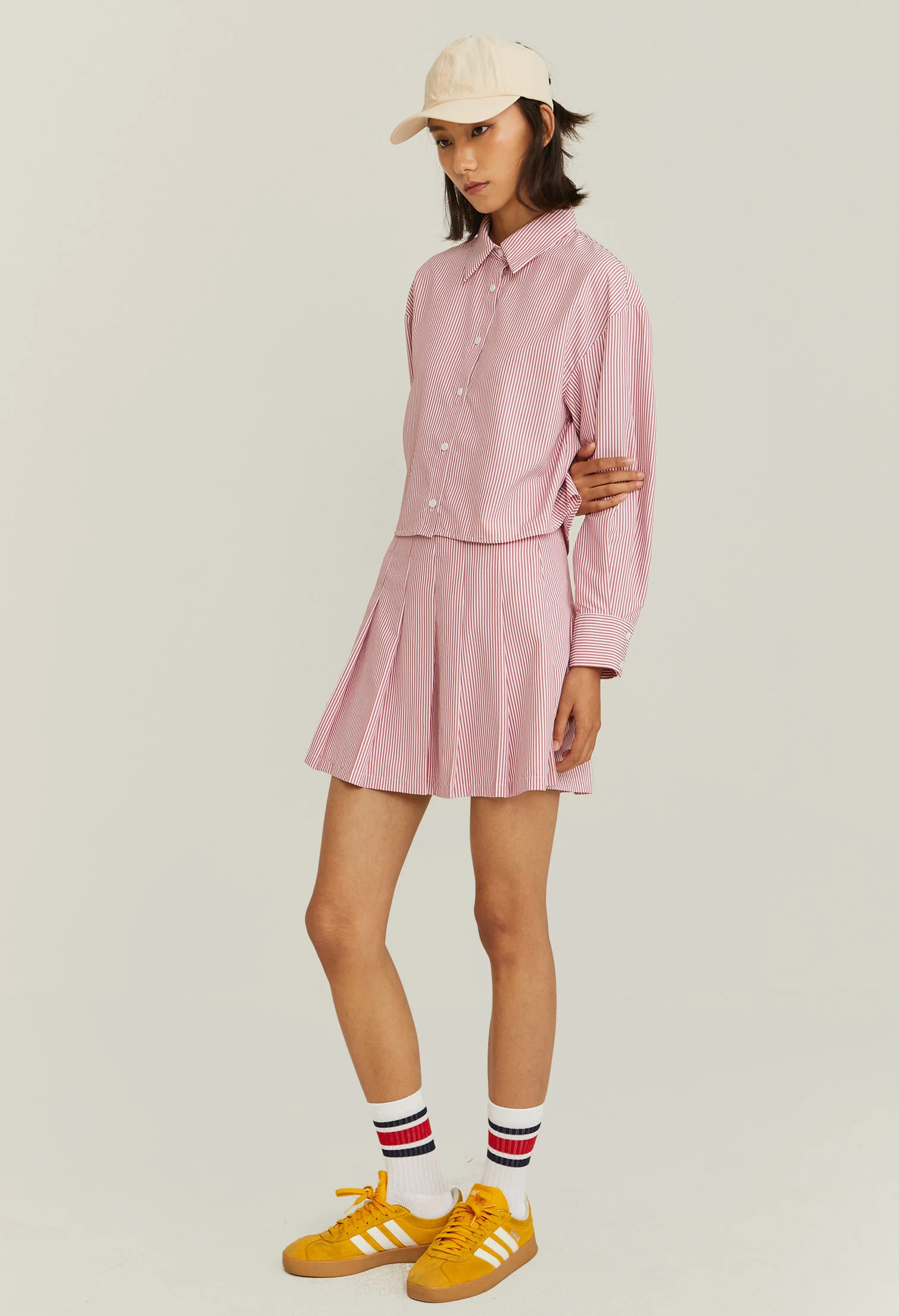 Pleated Pinstripe Panneled Skirt