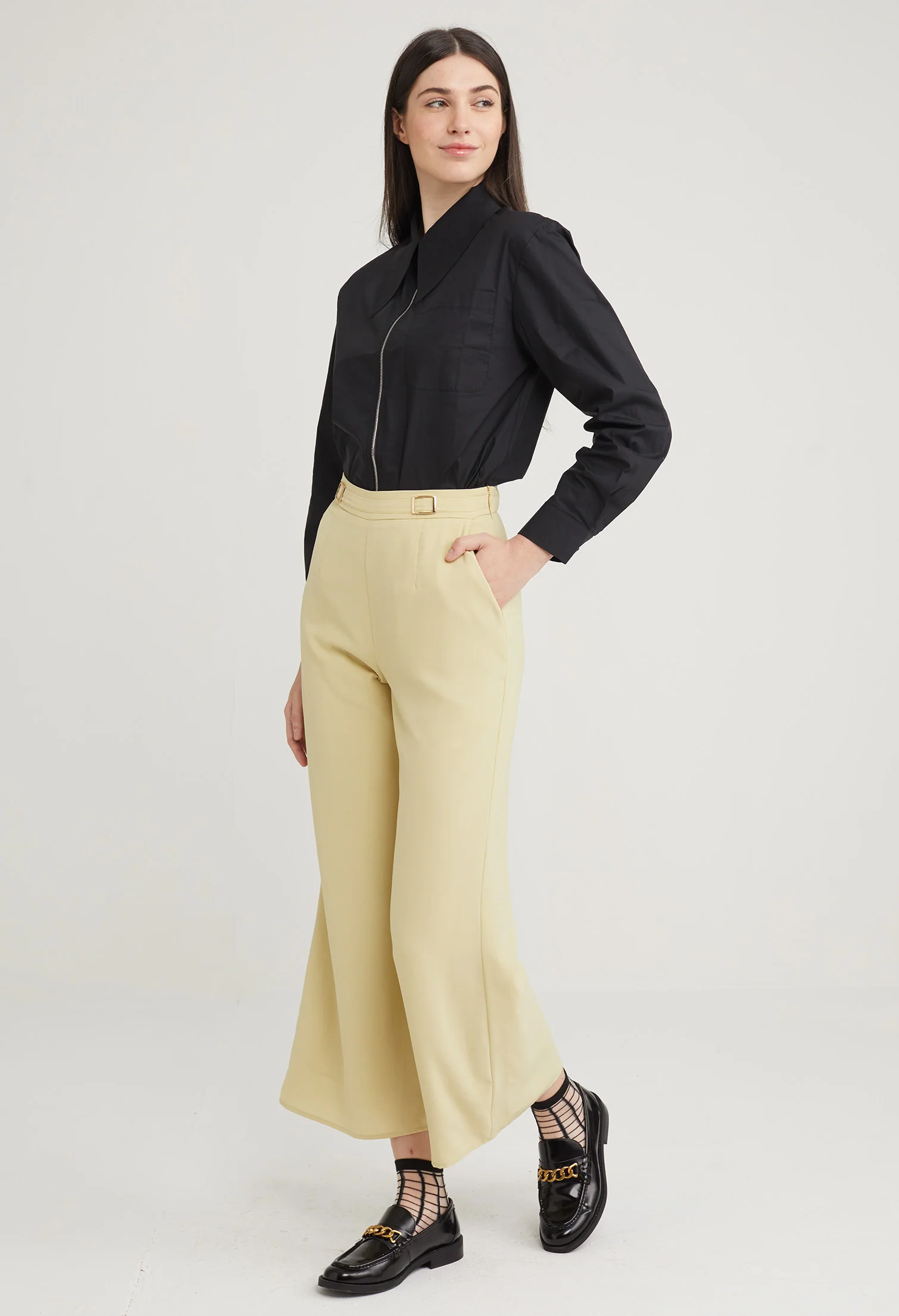 Waist Accent Wide Leg Palazzo Pants
