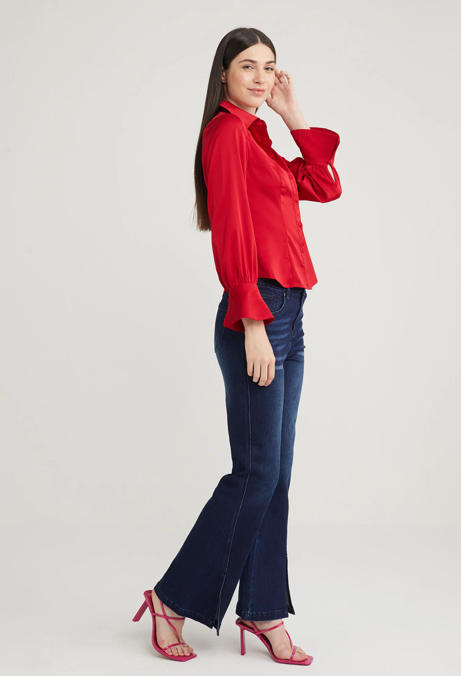 Satin Fitted Petal Sleeve Blouse