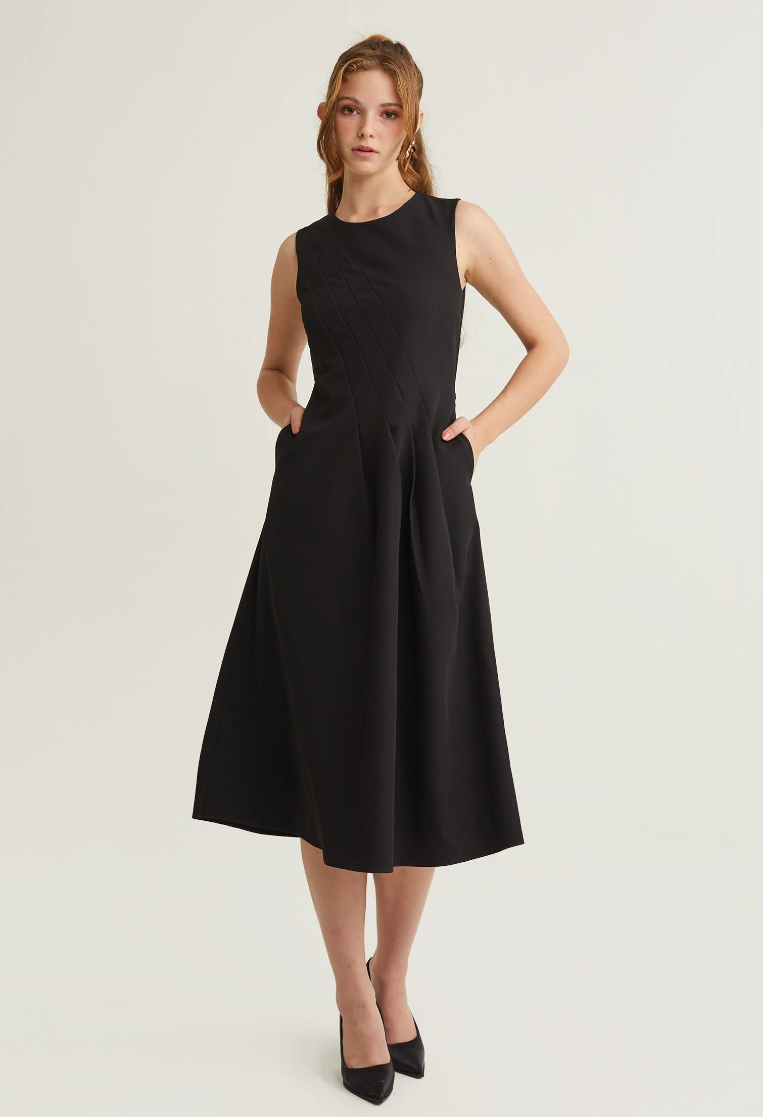 Pleated Cinched Waist Sleeveless Midi Dress