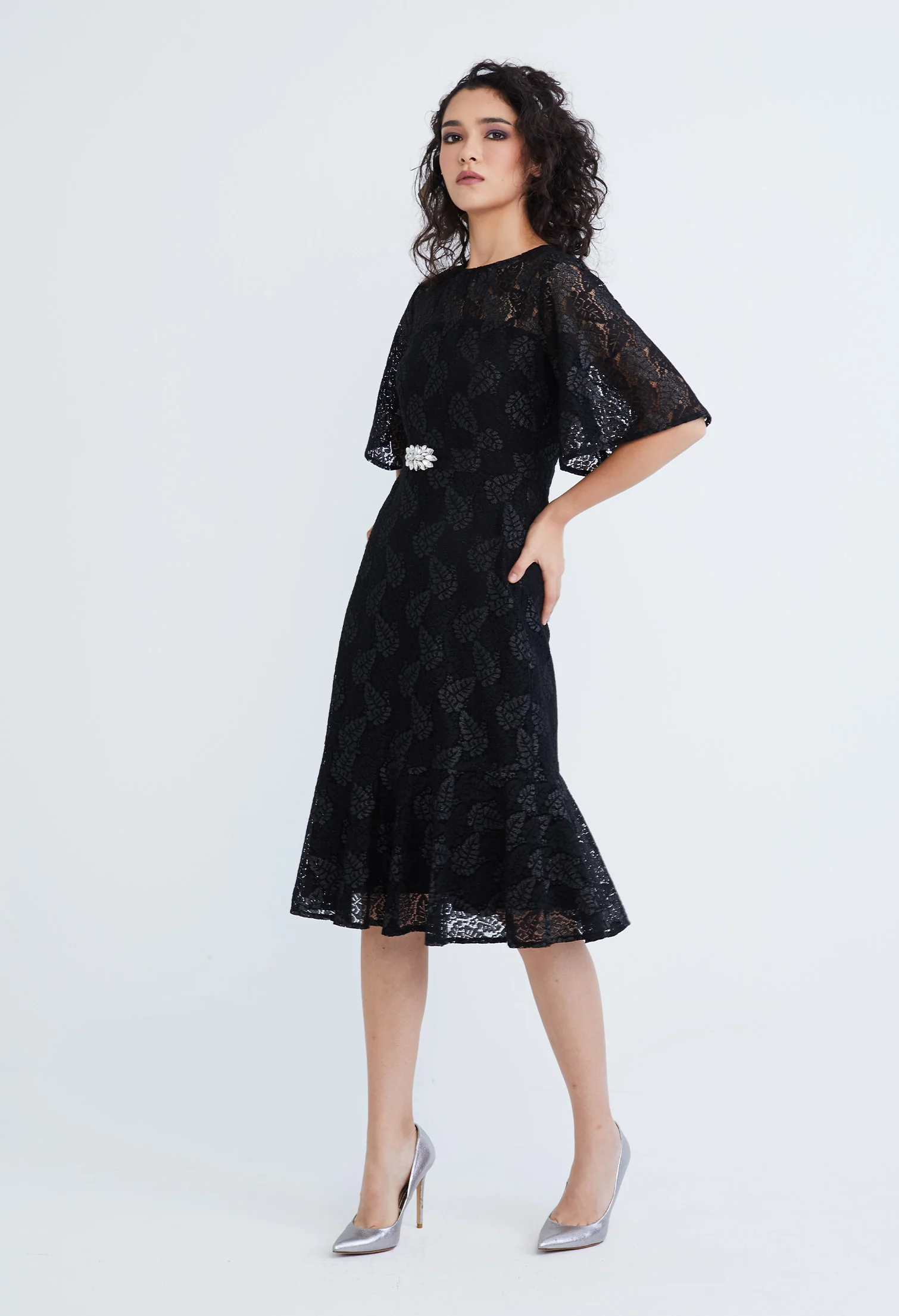 Lace Pearl Belted Cocktail Dress