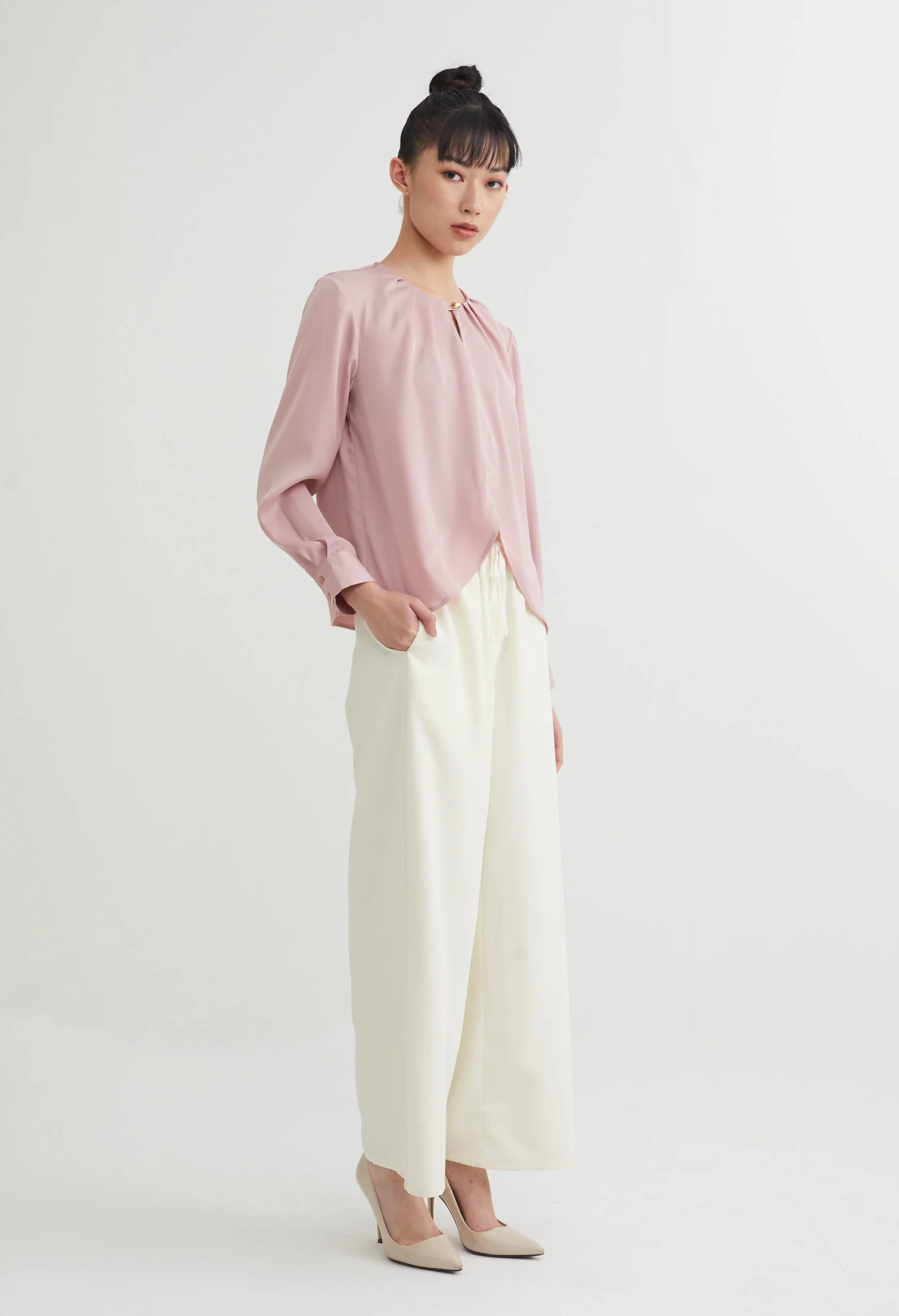 Curved Crop Hem Eyelet Blouse