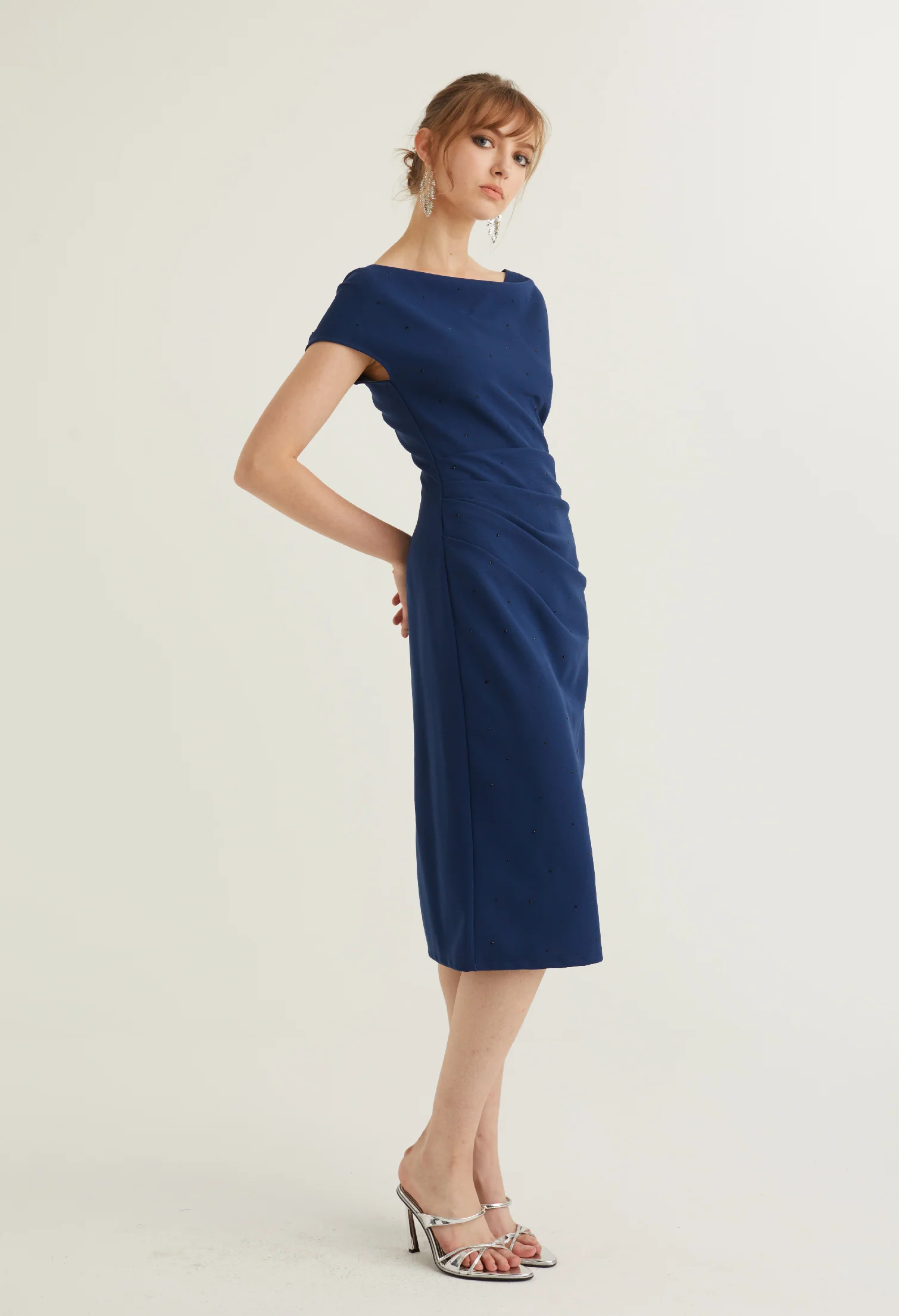 Cowl Neck Side Ruched Midi Dress