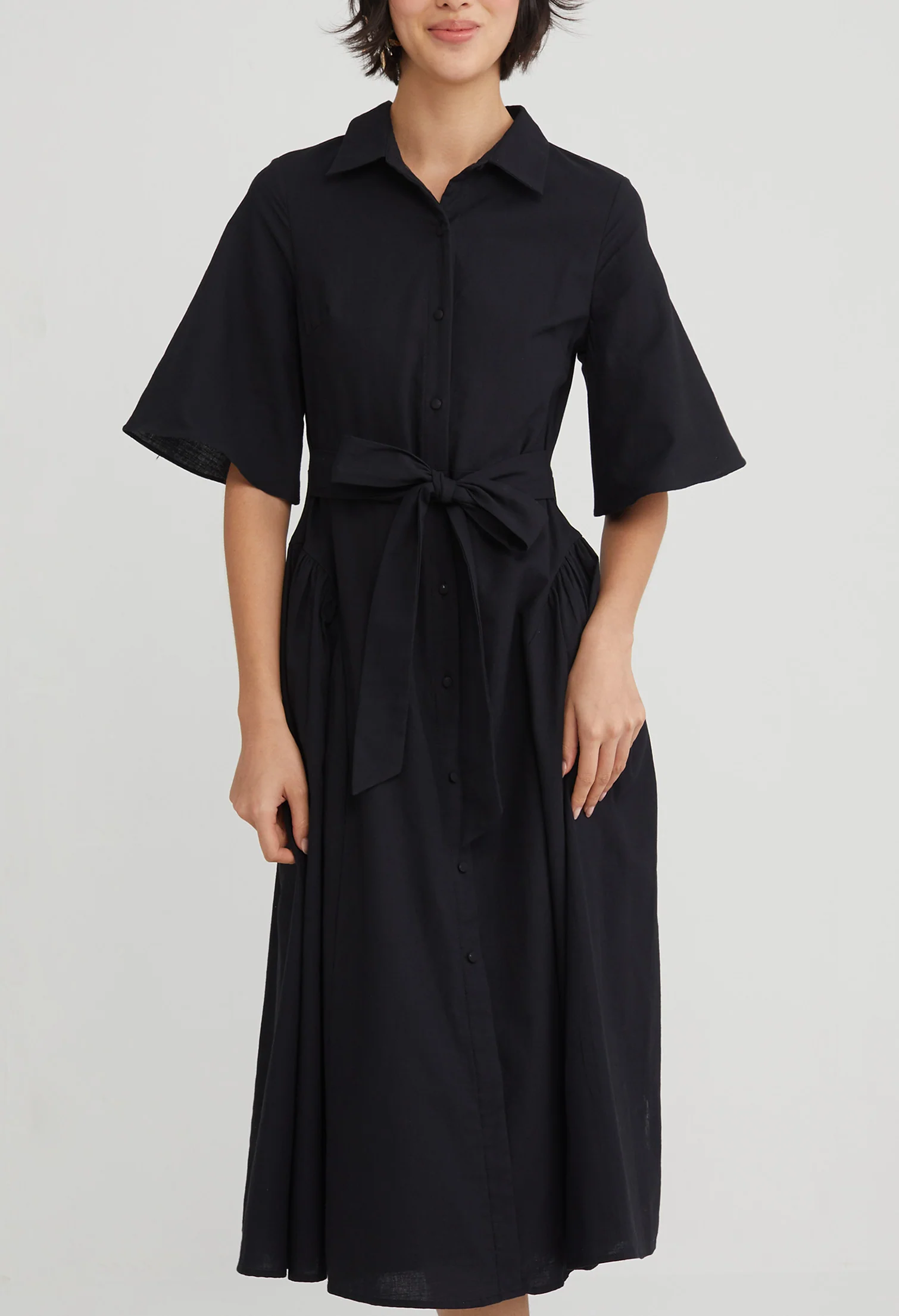 Tie Waist Collared Midi Dress