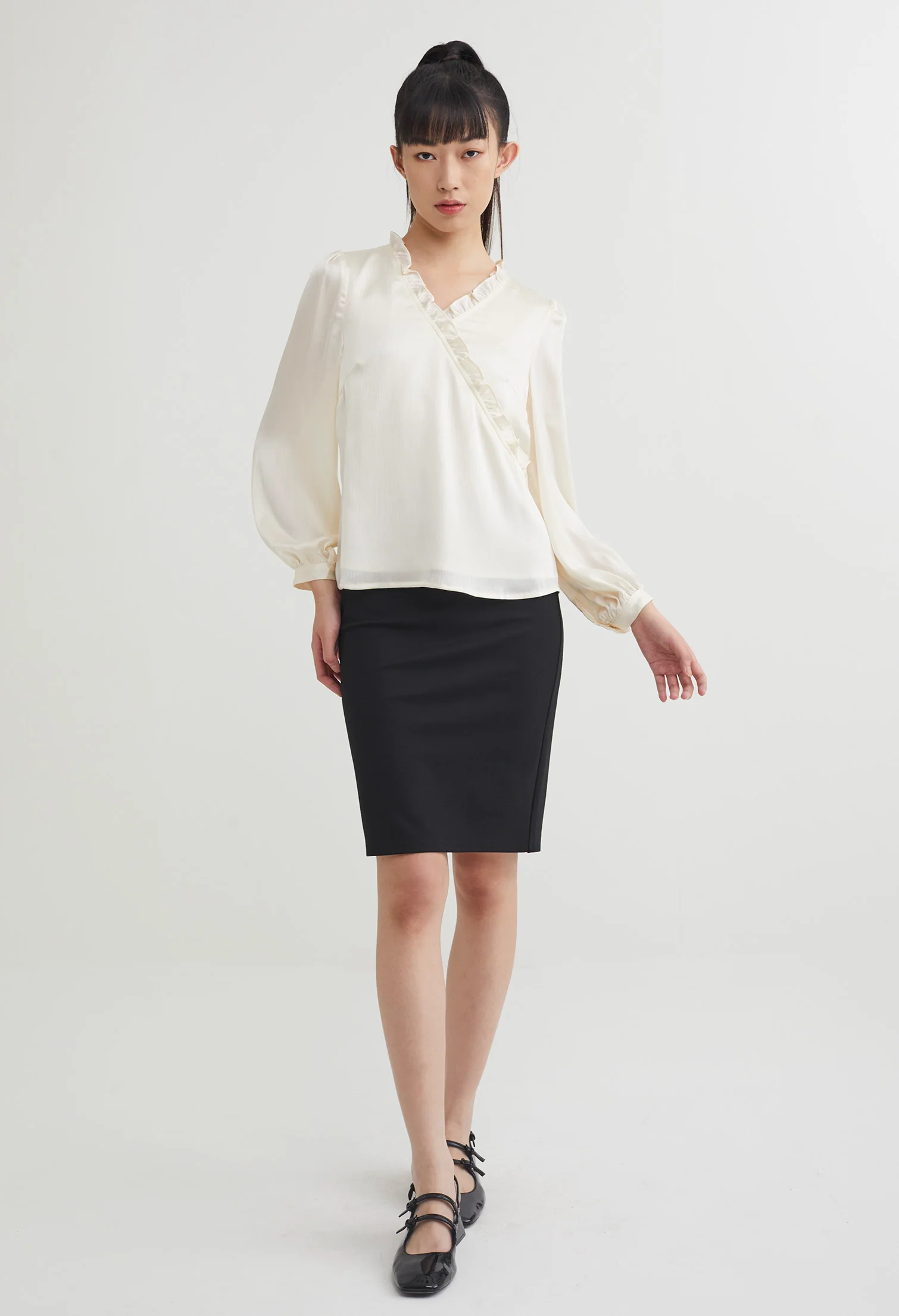 Ruffled Faux Wrap Long Sleeve Blouse