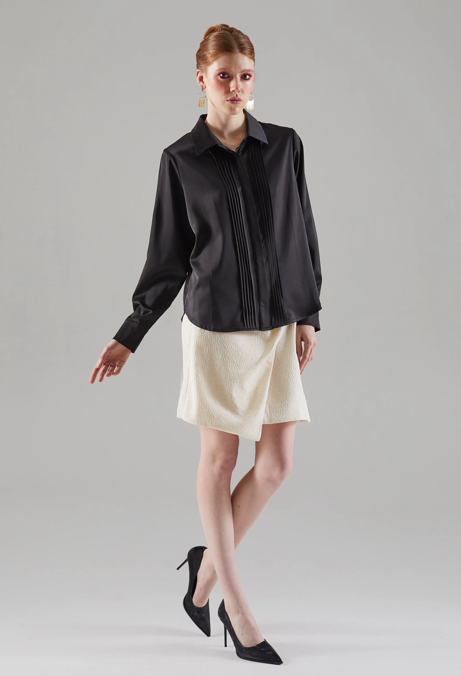 Stellar Pleated Chest Button-Up Blouse