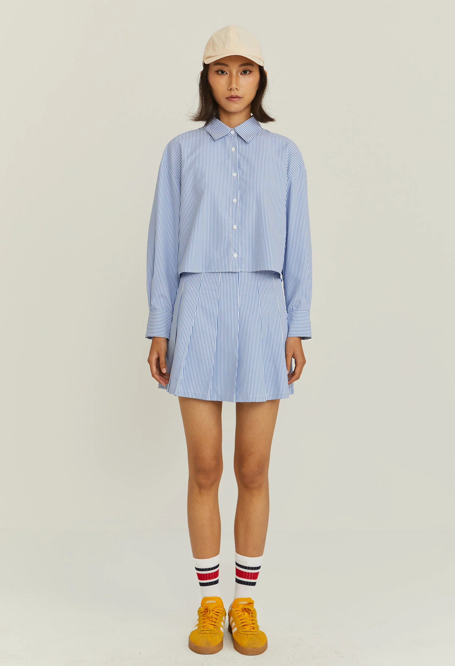 Pleated Pinstripe Panneled Skirt