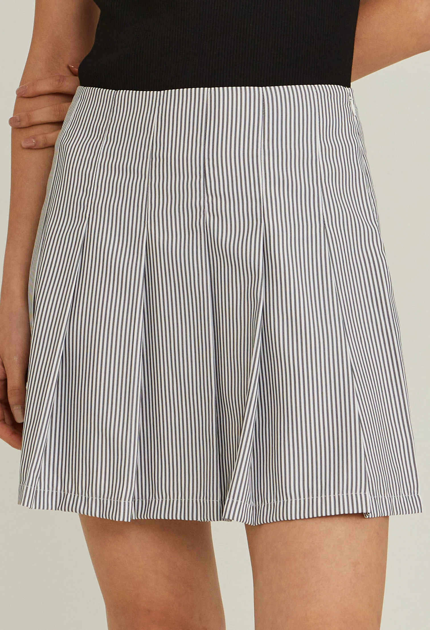Pleated Pinstripe Panneled Skirt