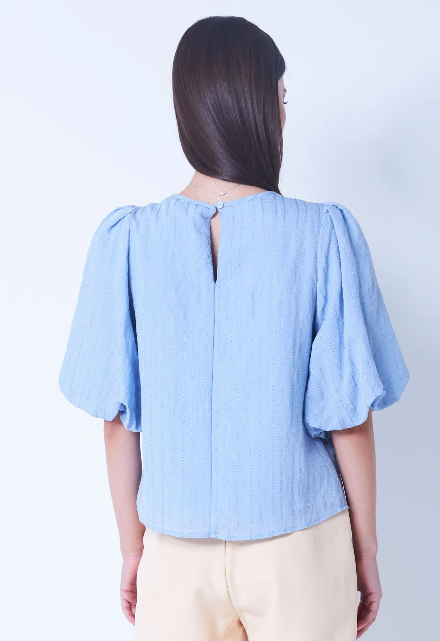 Thread Stripe Balloon Sleeve Top