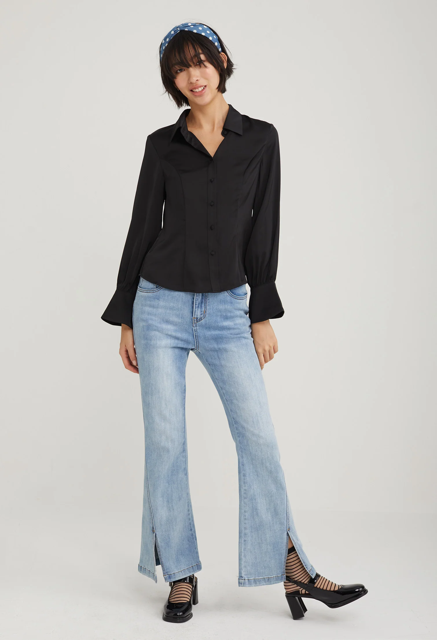 Satin Fitted Petal Sleeve Blouse