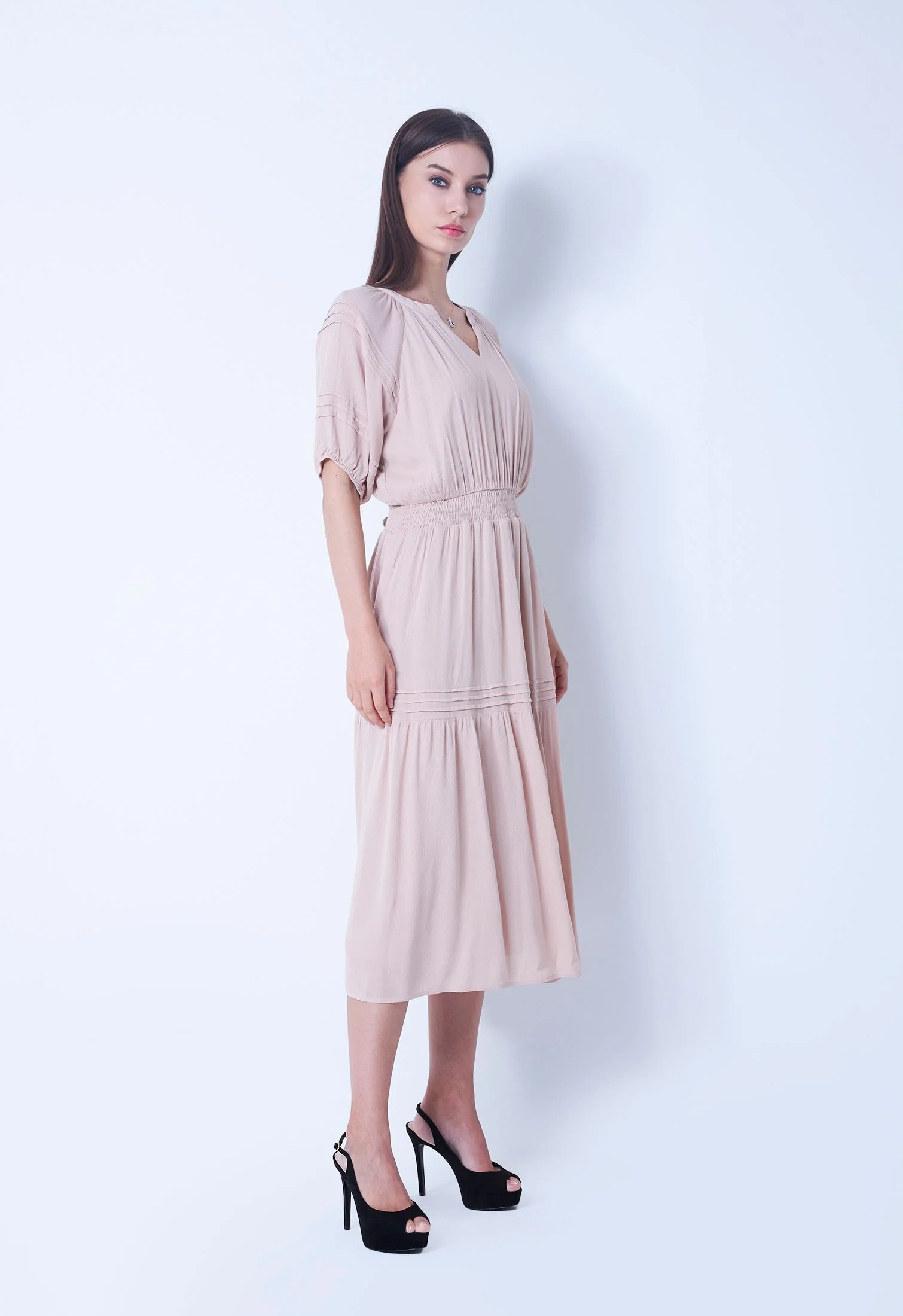 Cinched Waist Balloon Pleat Sleeve Dress