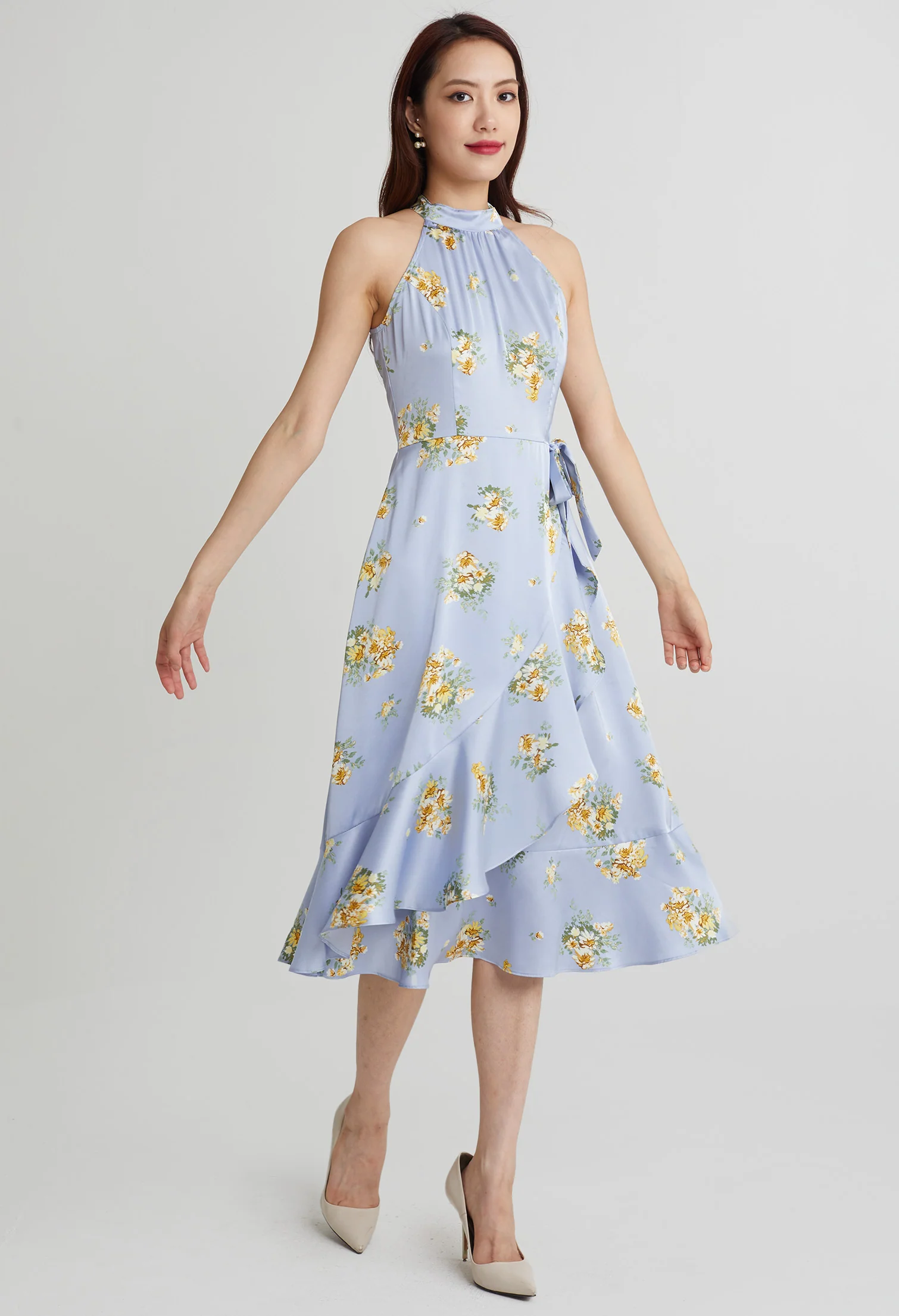 Fancy Cluster Floral Halter Ruffled Dress