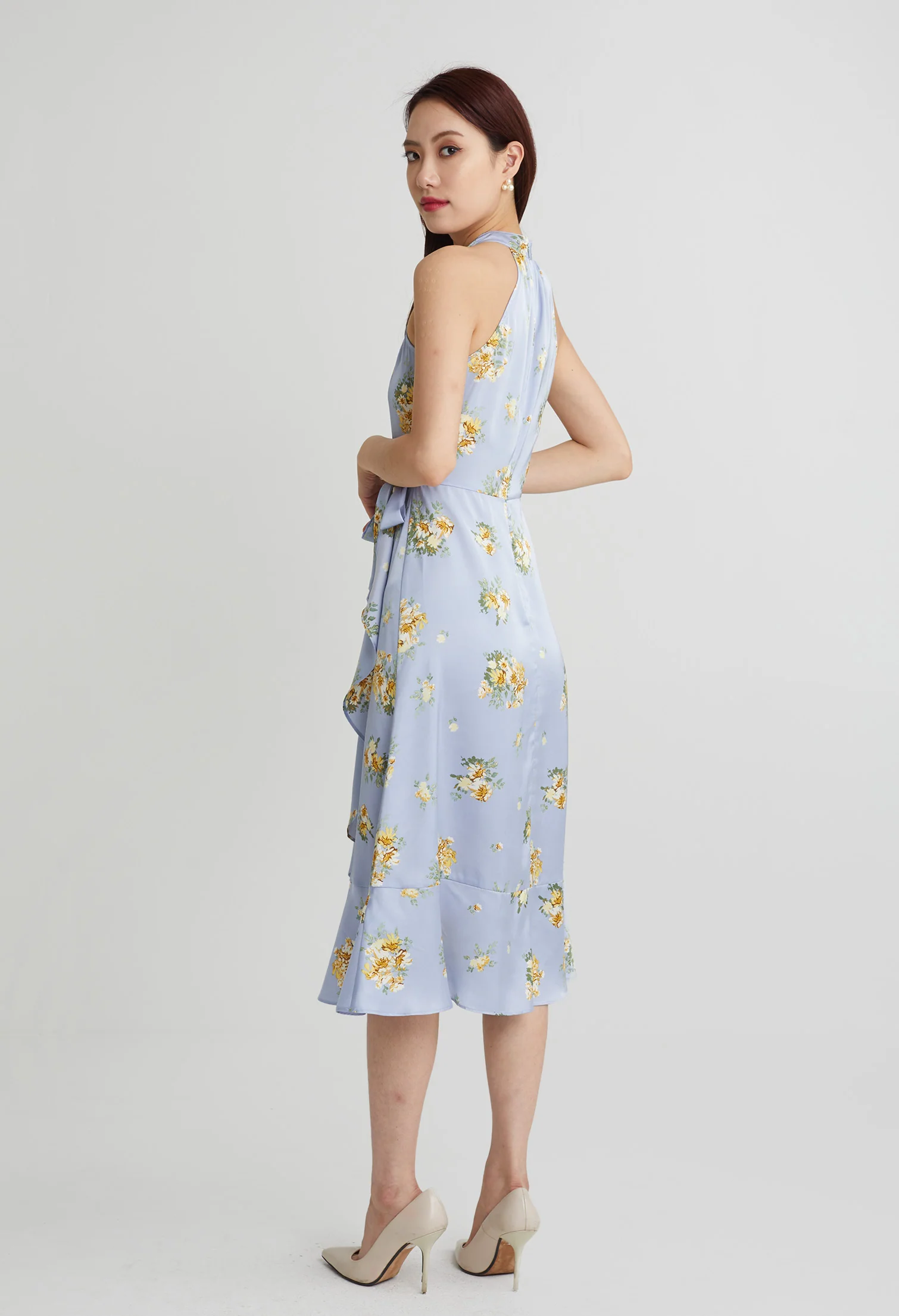 Fancy Cluster Floral Halter Ruffled Dress