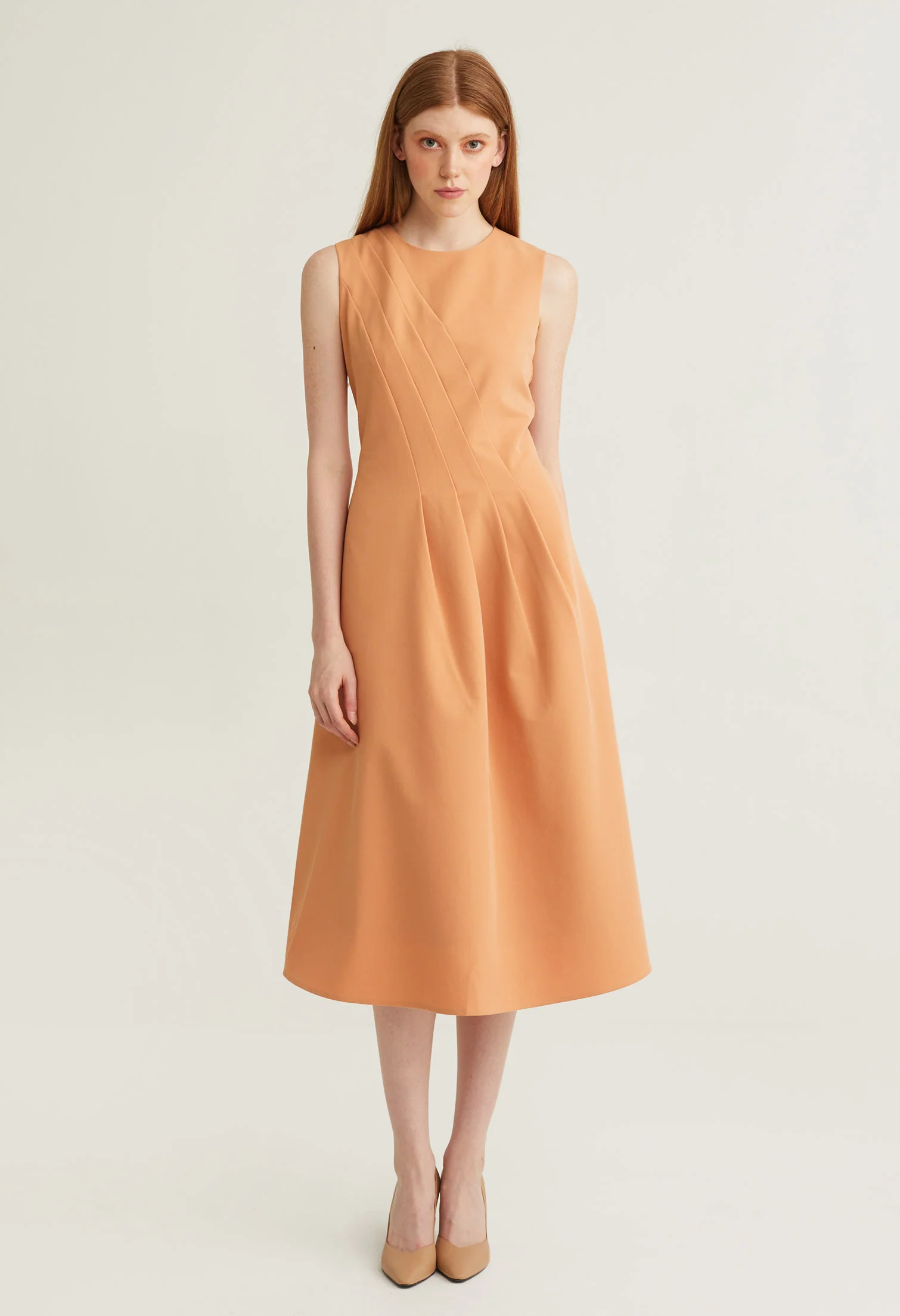 Pleated Cinched Waist Sleeveless Midi Dress