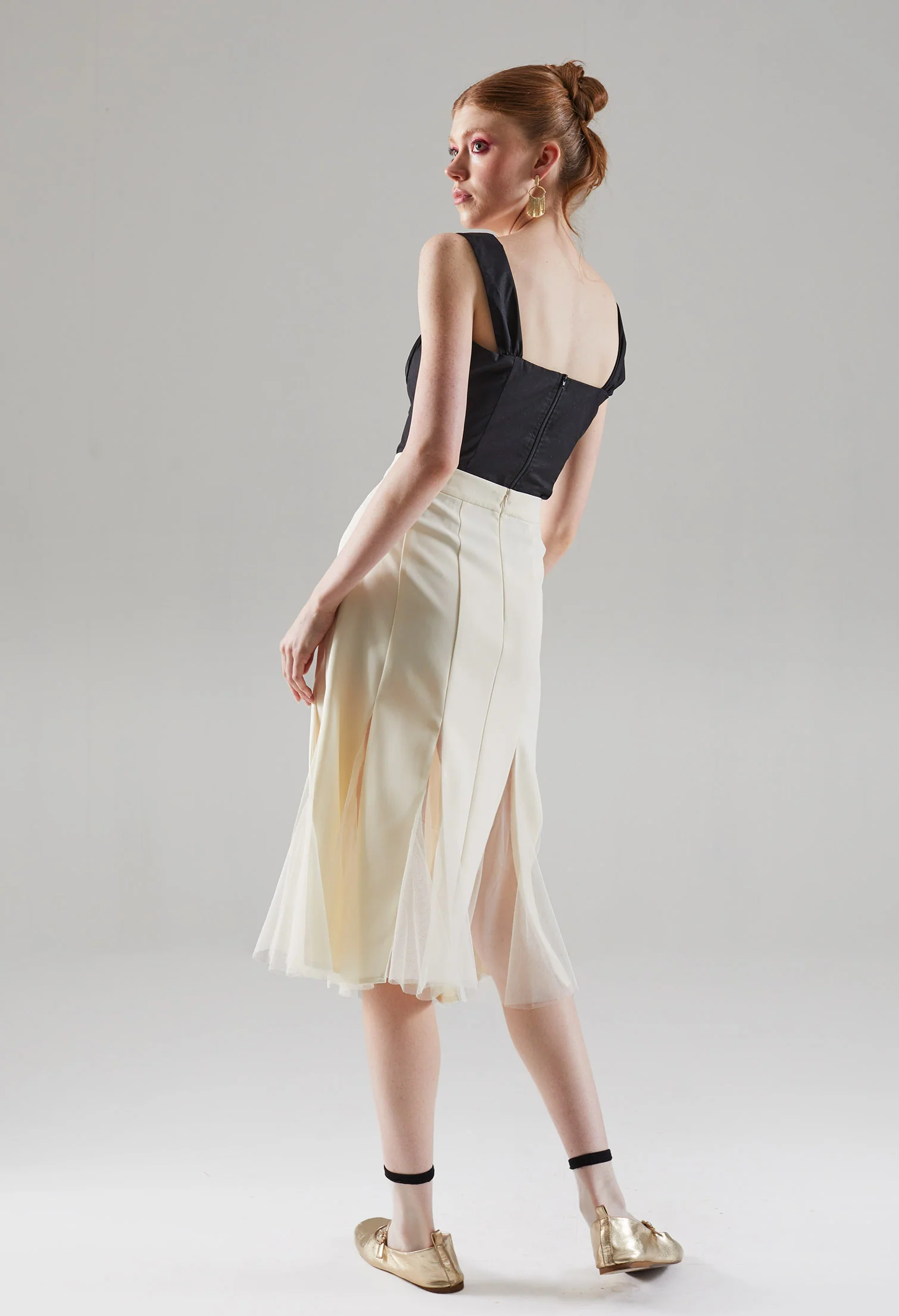 Semi-meshed Peekaboo Hem Midi Skirt