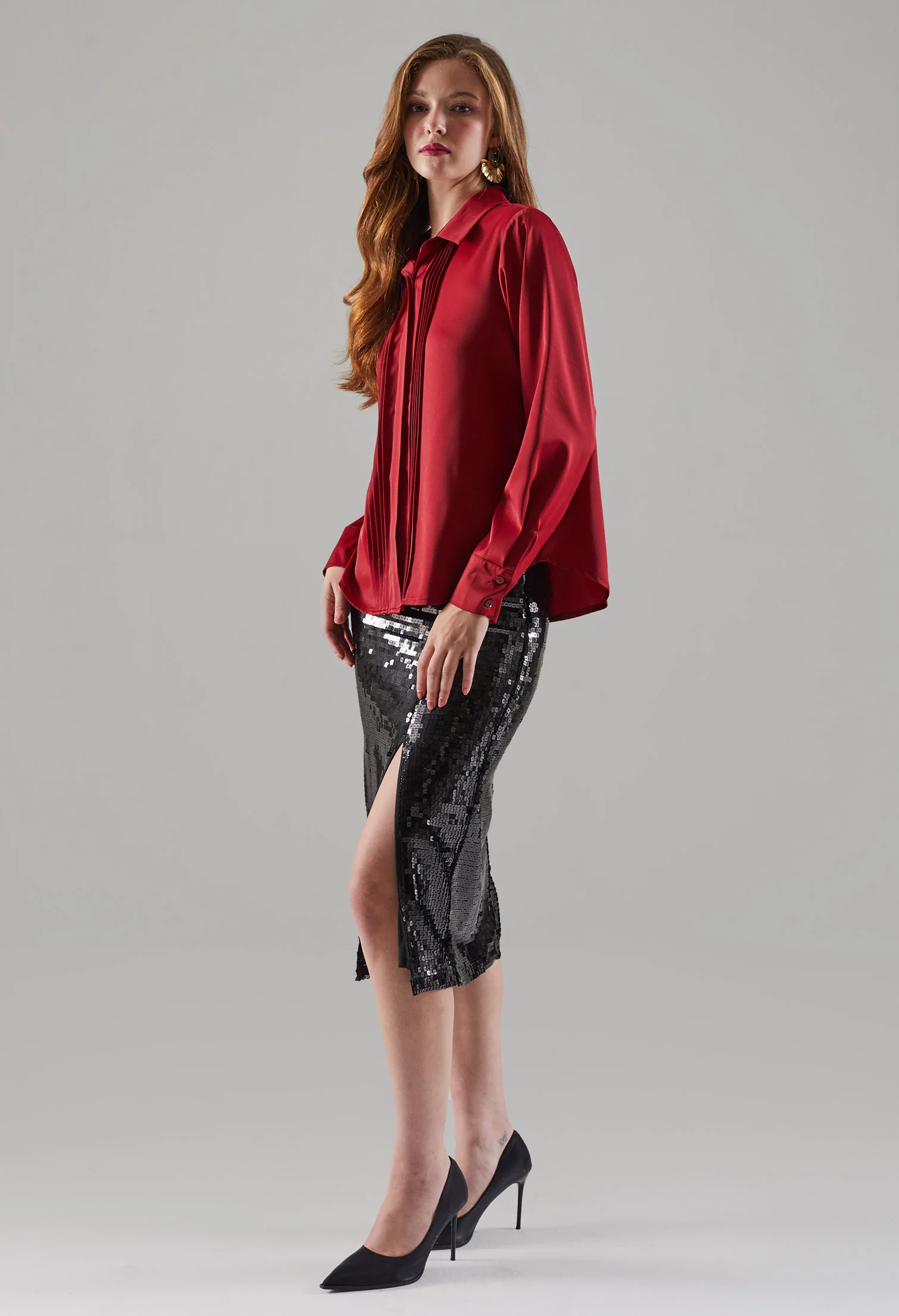 Stellar Pleated Chest Button-Up Blouse