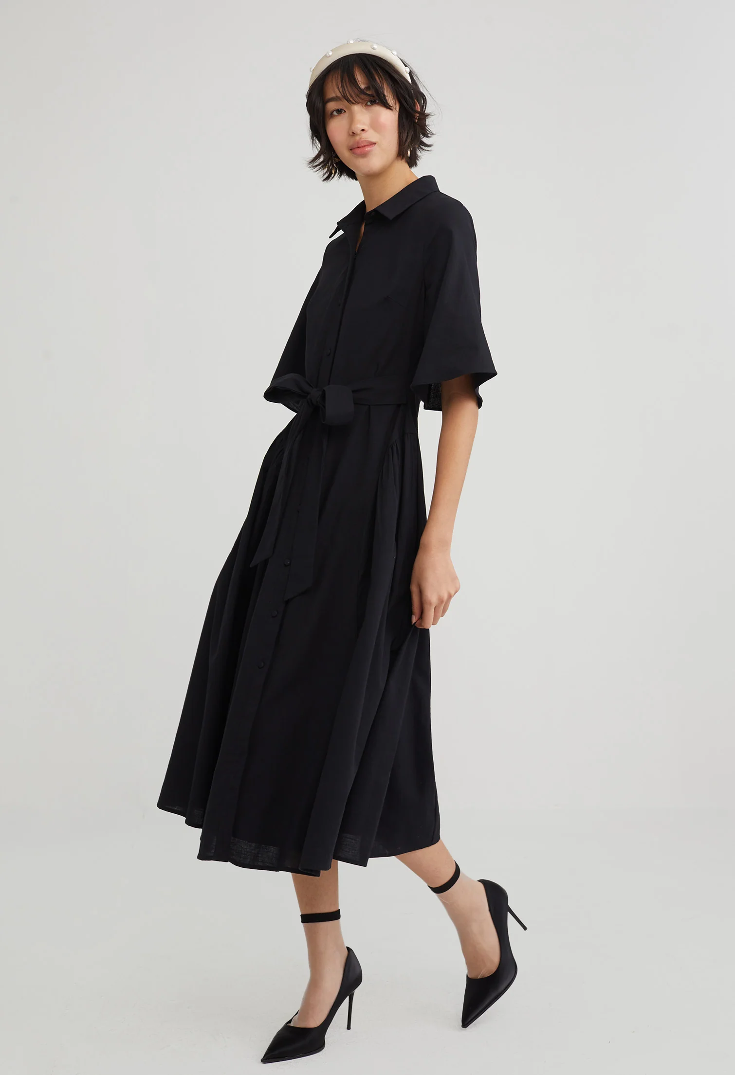 Tie Waist Collared Midi Dress