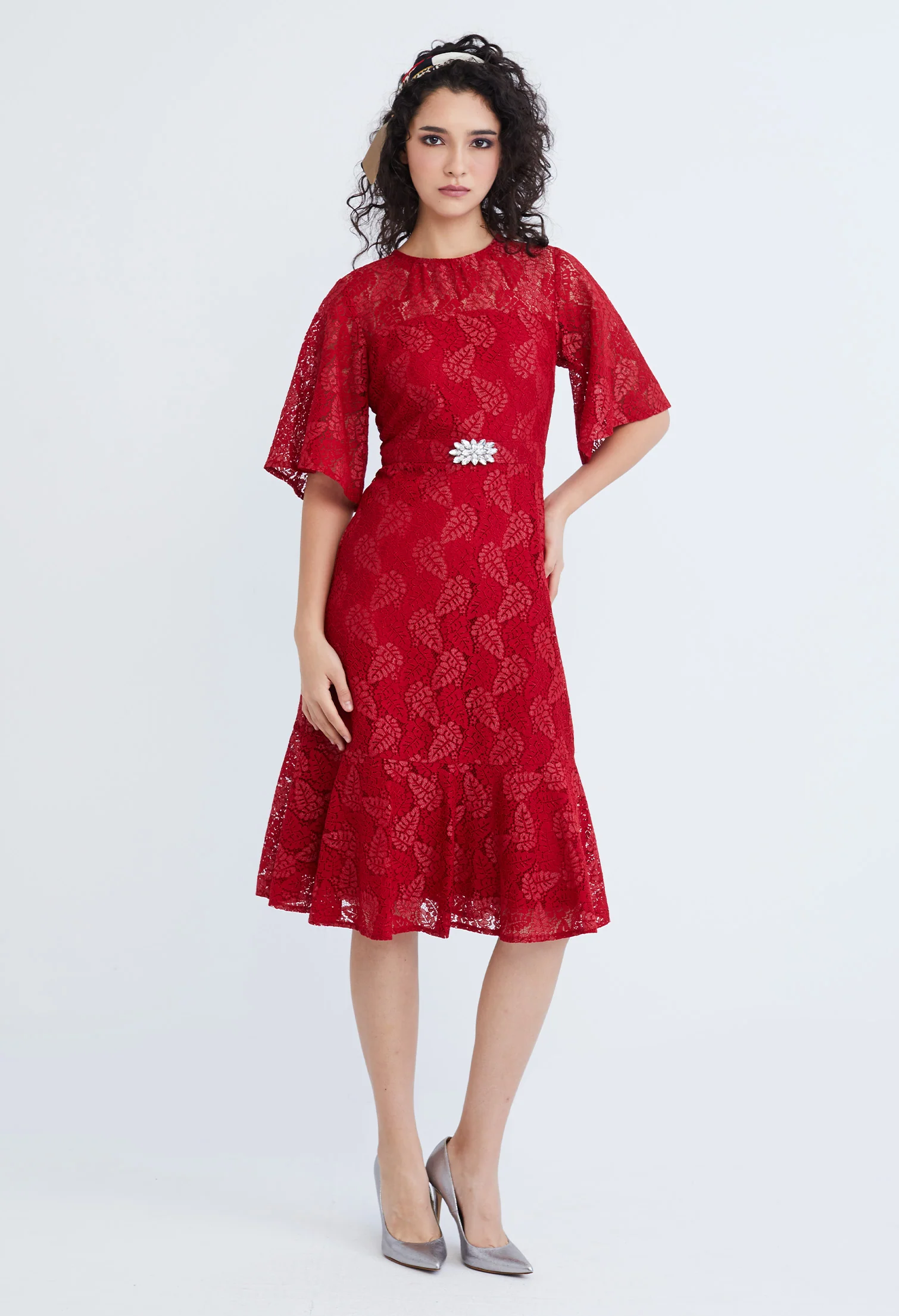 Lace Pearl Belted Cocktail Dress