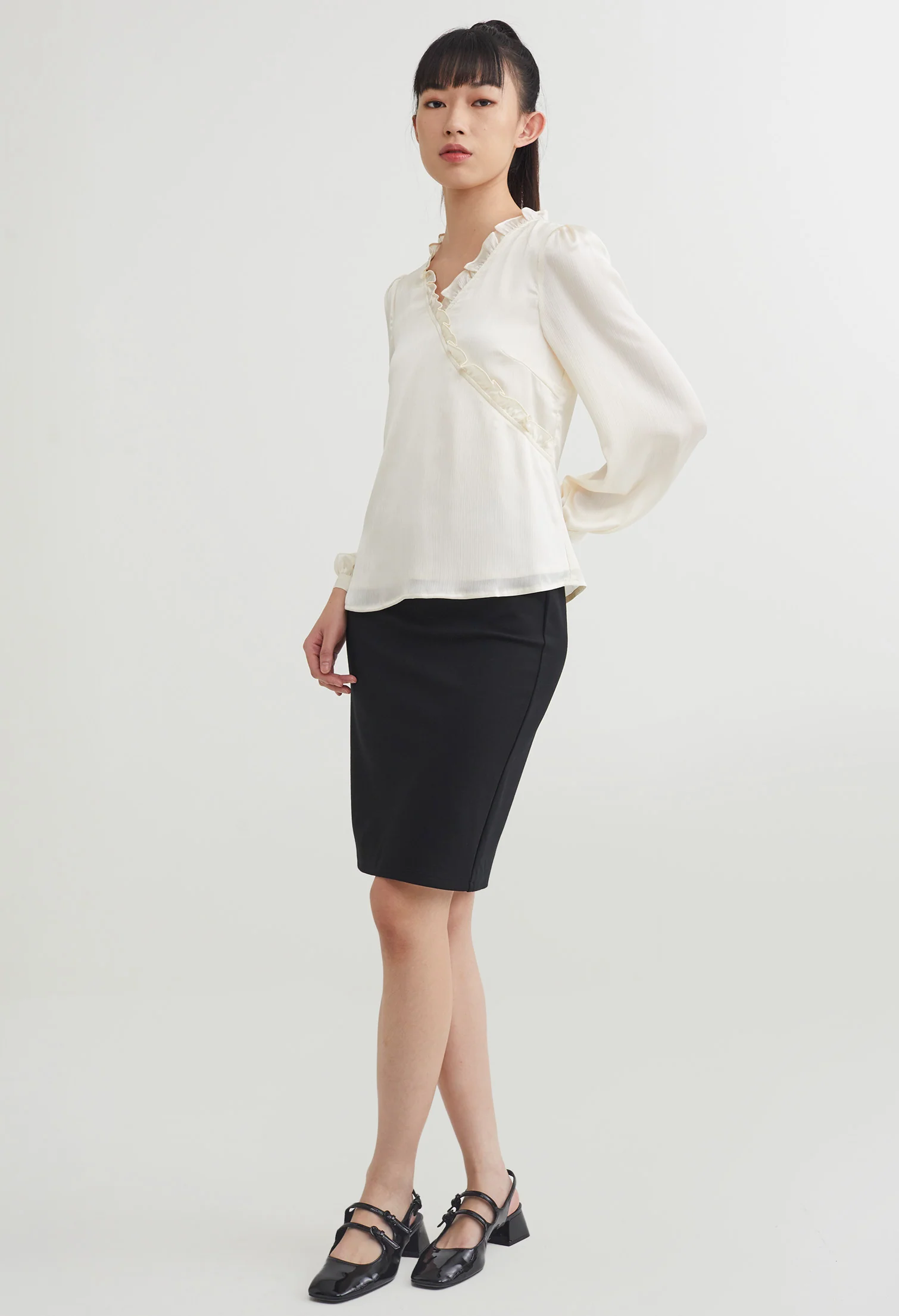 Ruffled Faux Wrap Long Sleeve Blouse