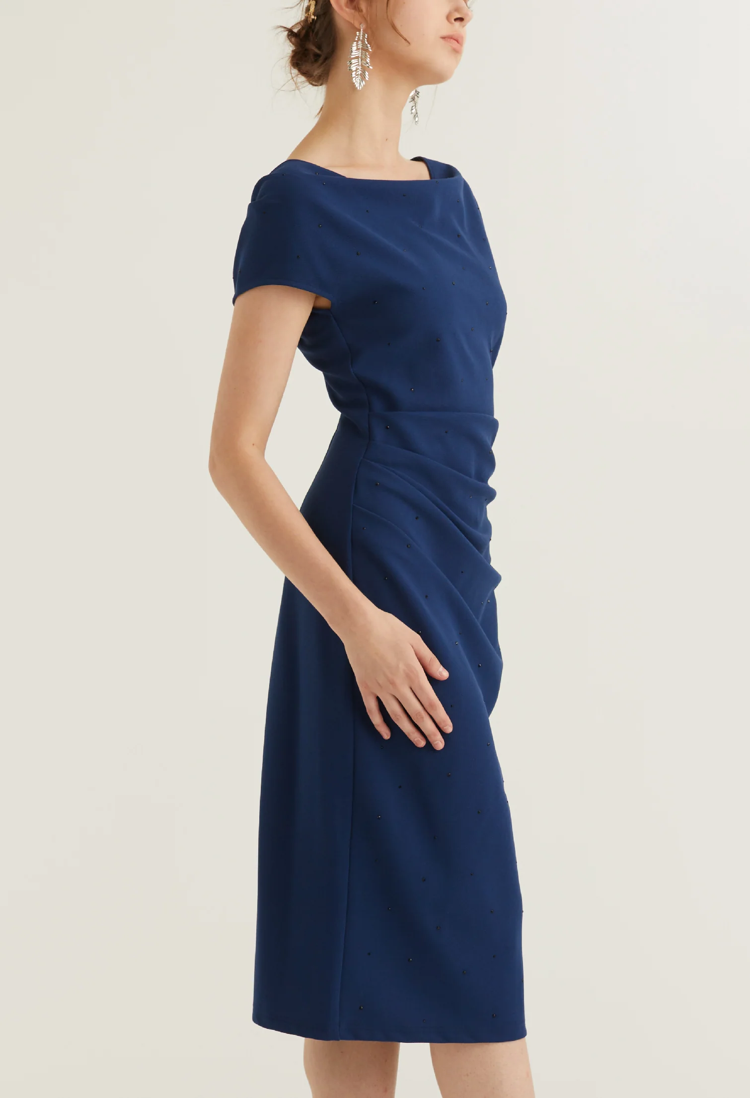 Cowl Neck Side Ruched Midi Dress