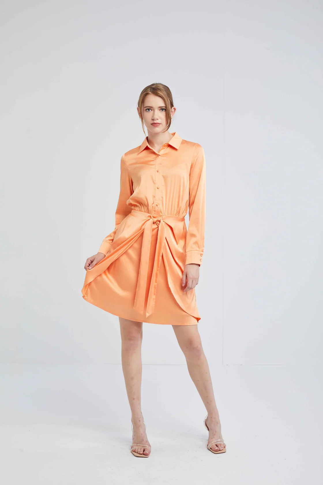 Satin finish Tie-front Shirt Dress