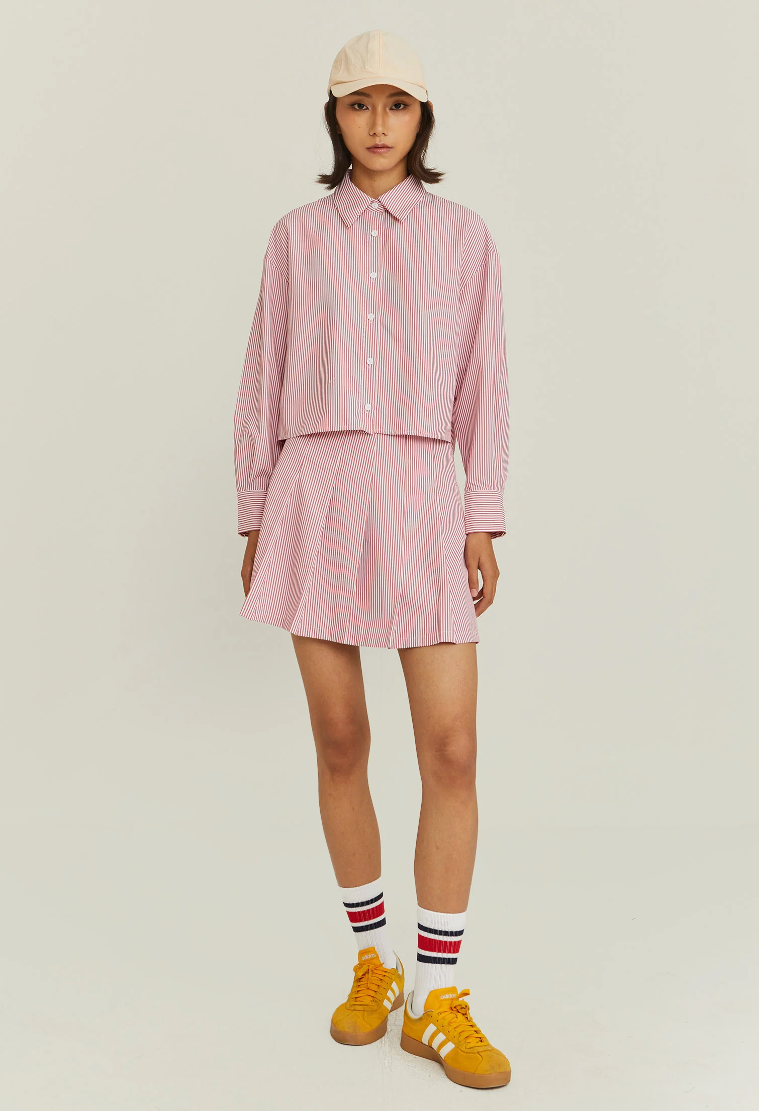 Pleated Pinstripe Panneled Skirt