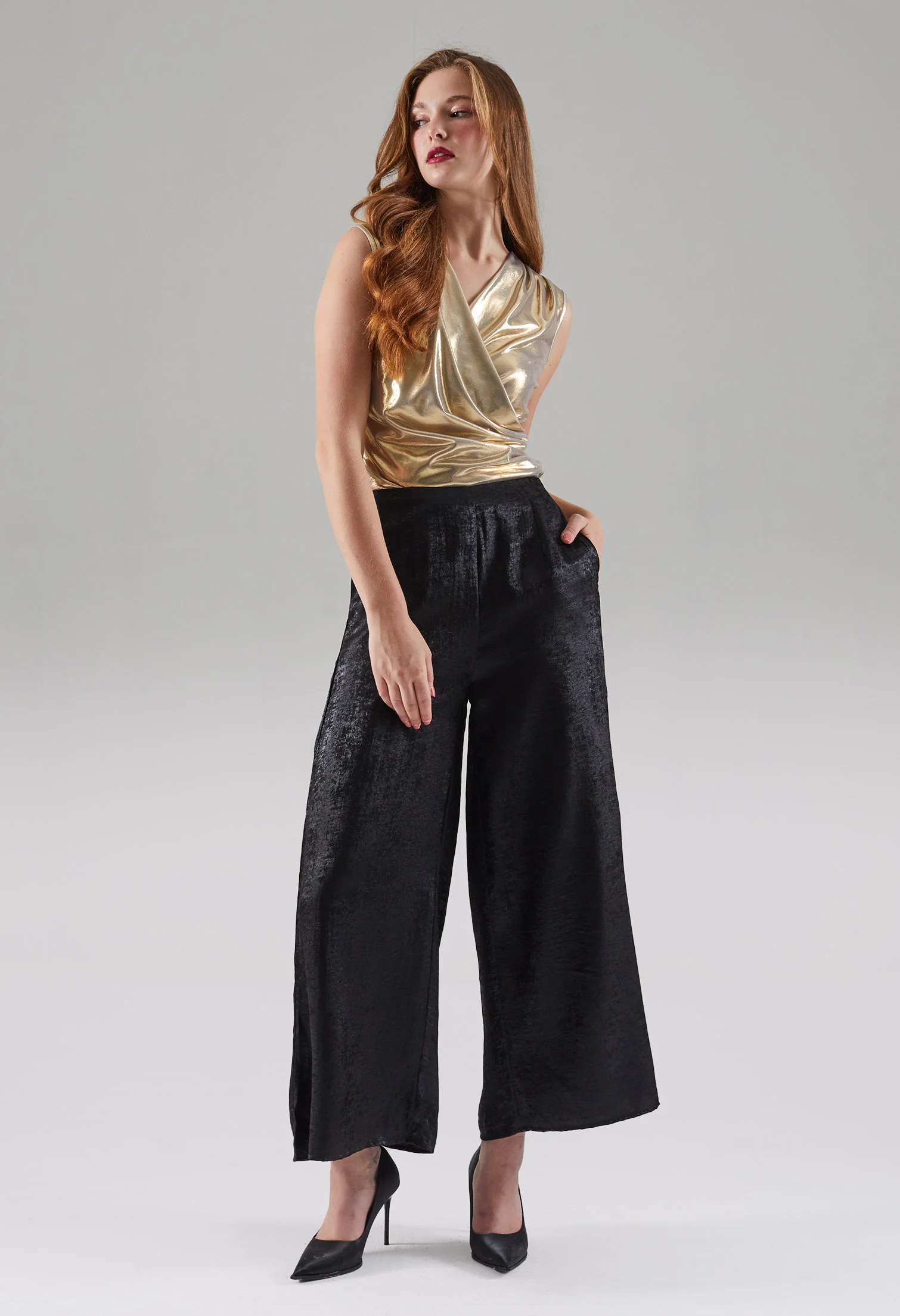 Velvet Glow Textured Wide Leg Trousers