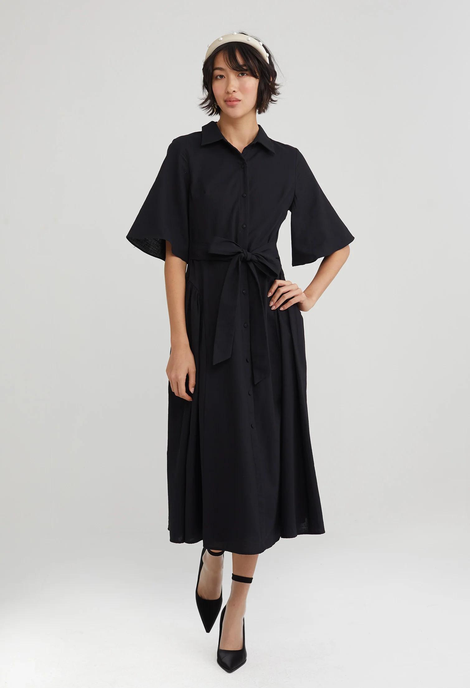 Tie Waist Collared Midi Dress