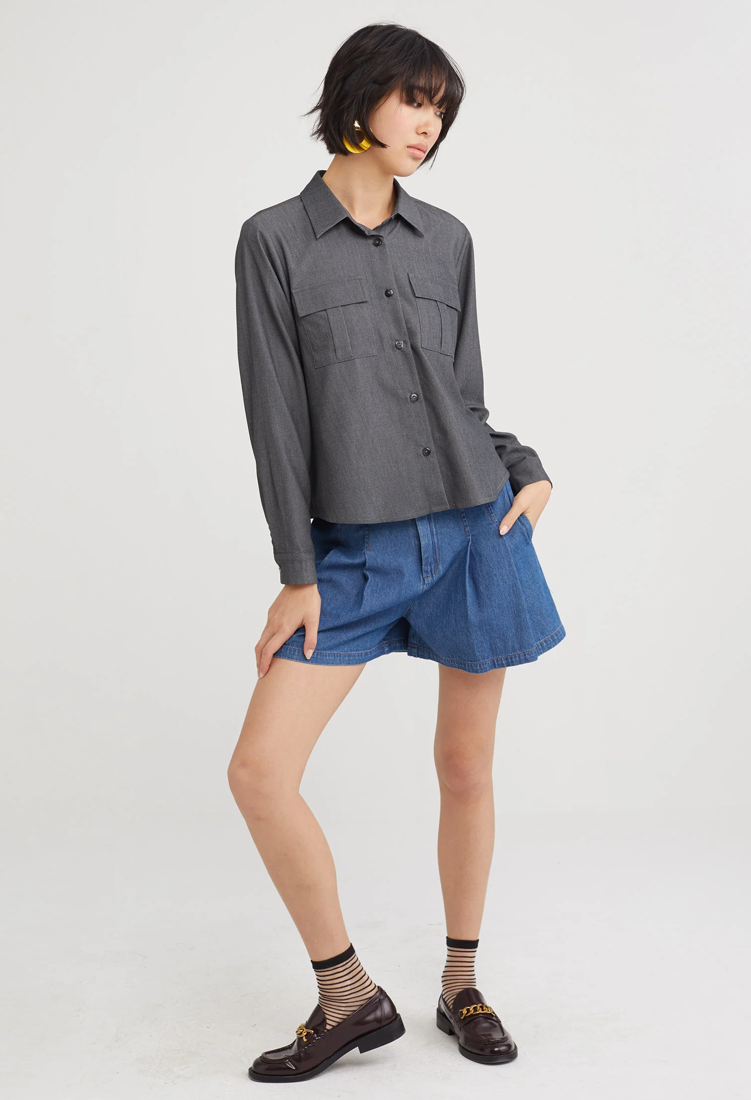 Double Pocket Button Up Blouse