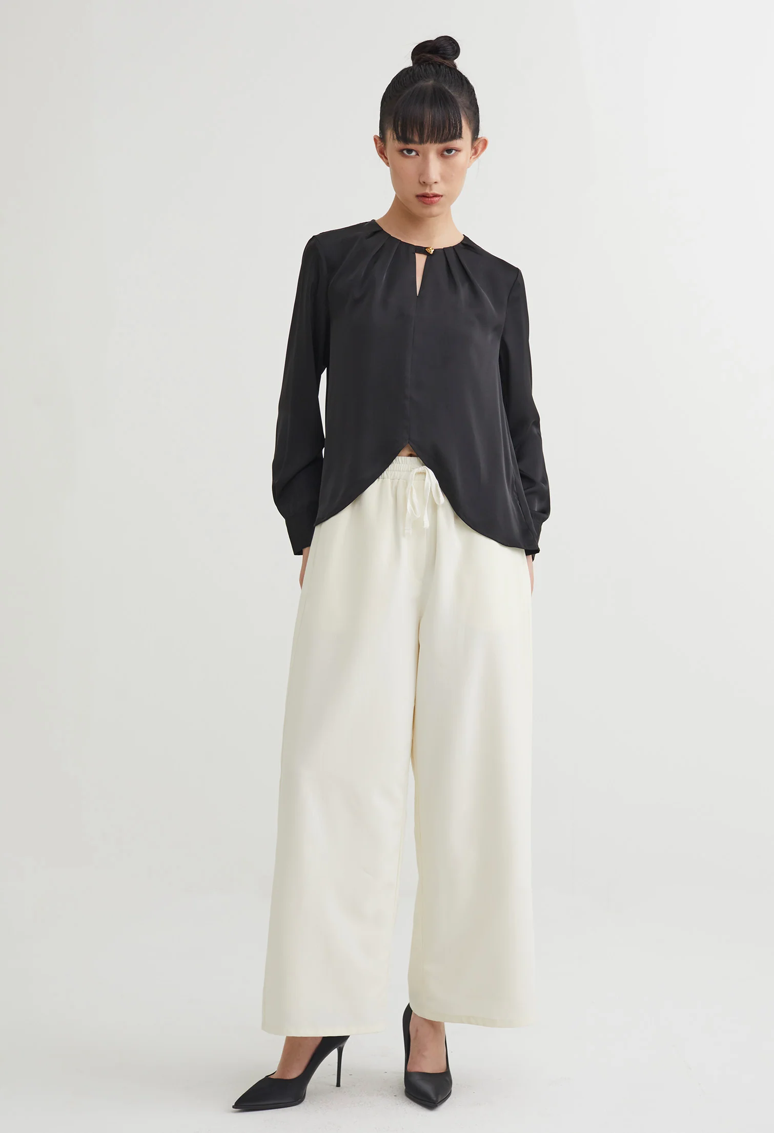 Curved Crop Hem Eyelet Blouse