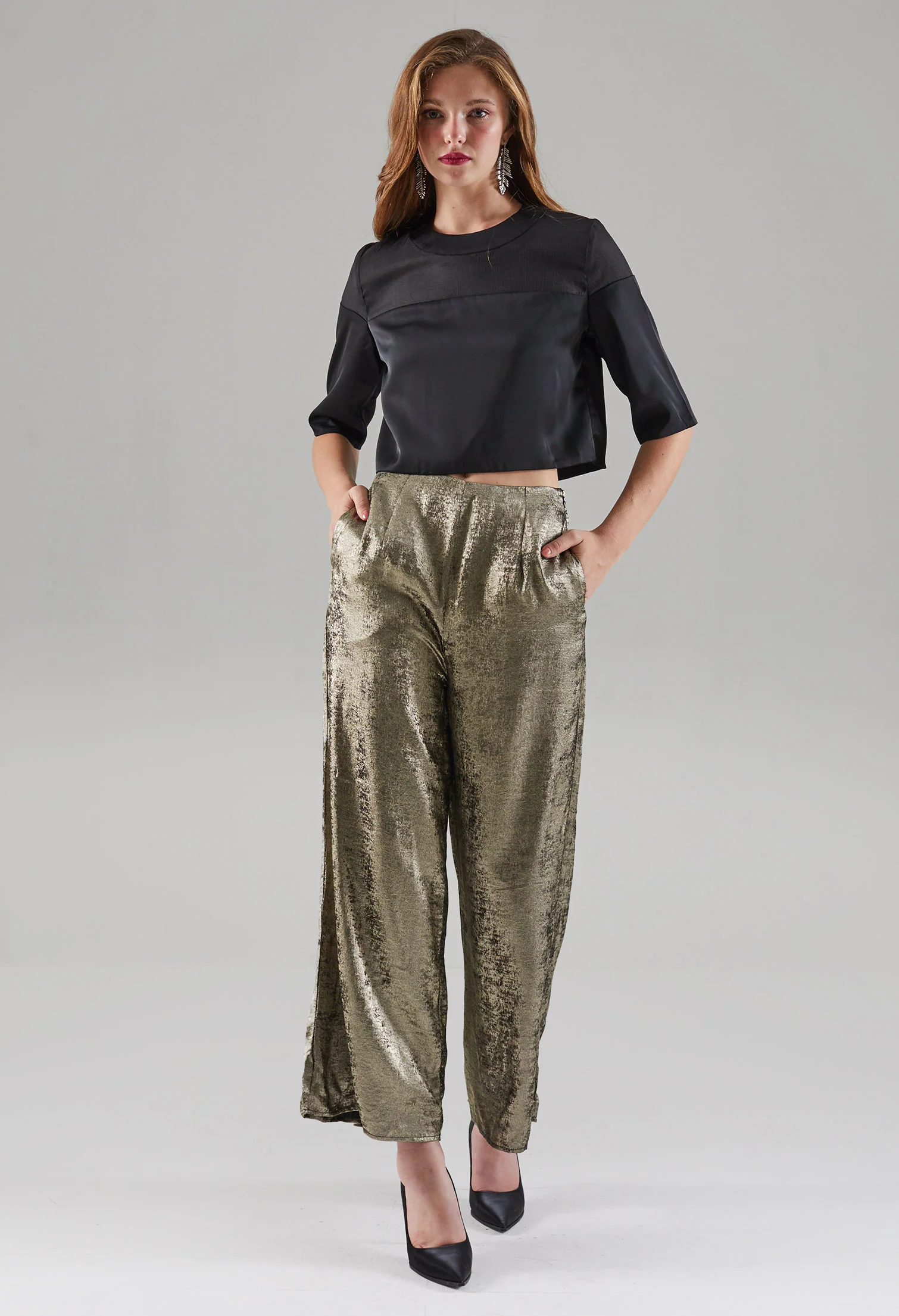 Velvet Glow Textured Wide Leg Trousers